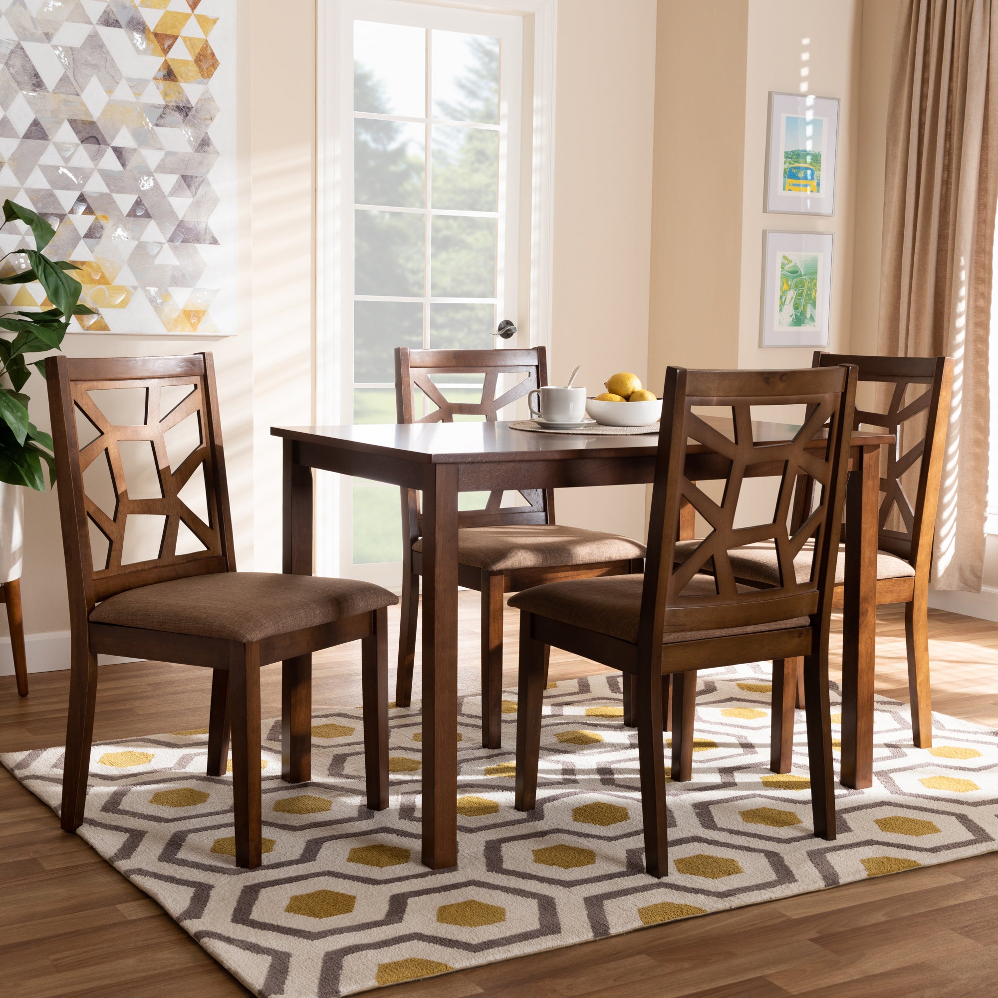 Baxton Studio Abilene Mid-Century Light Brown Fabric Upholstered and Walnut Brown Finished 5-Piece Wood Dining Set