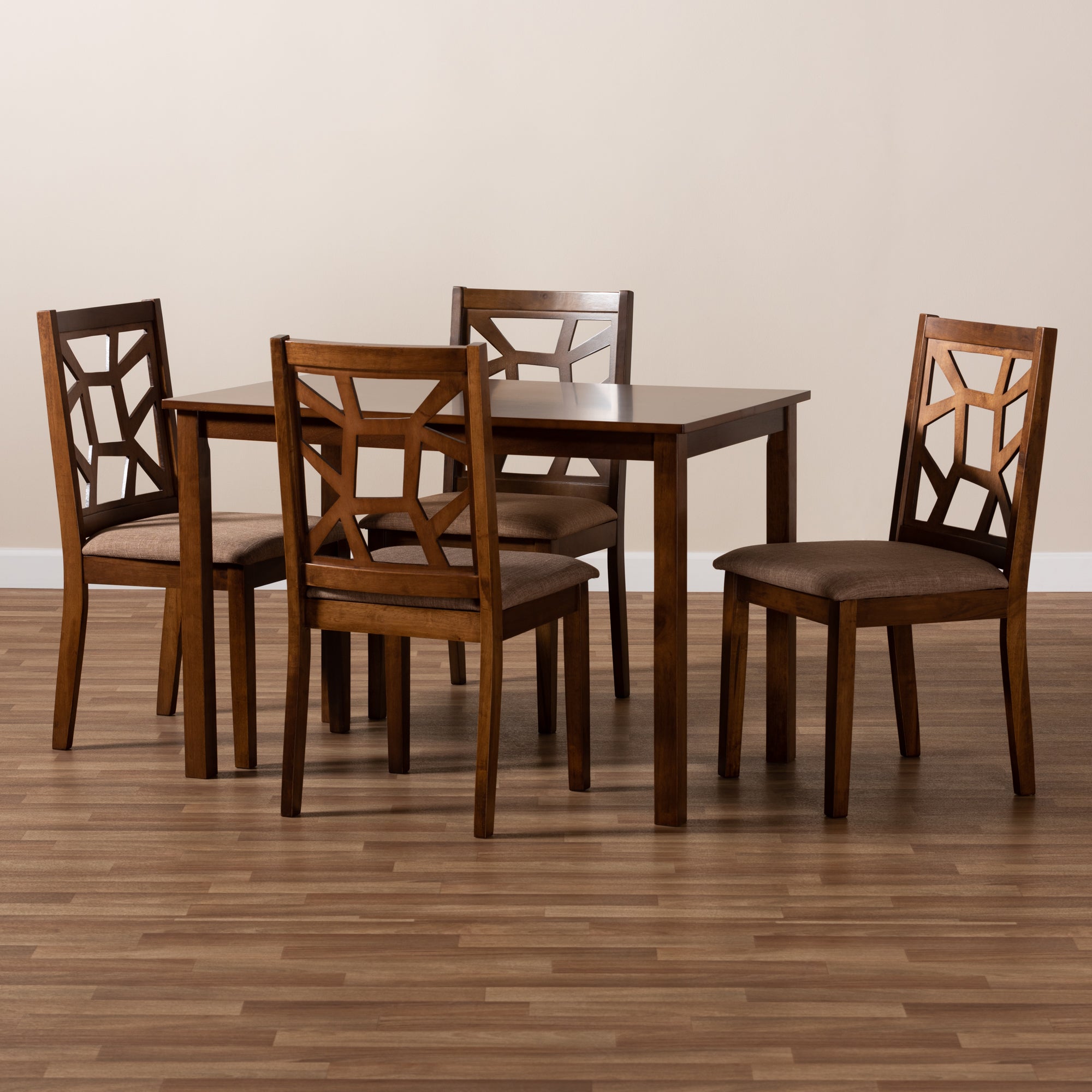 Baxton Studio Abilene Mid-Century Light Brown Fabric Upholstered and Walnut Brown Finished 5-Piece Wood Dining Set