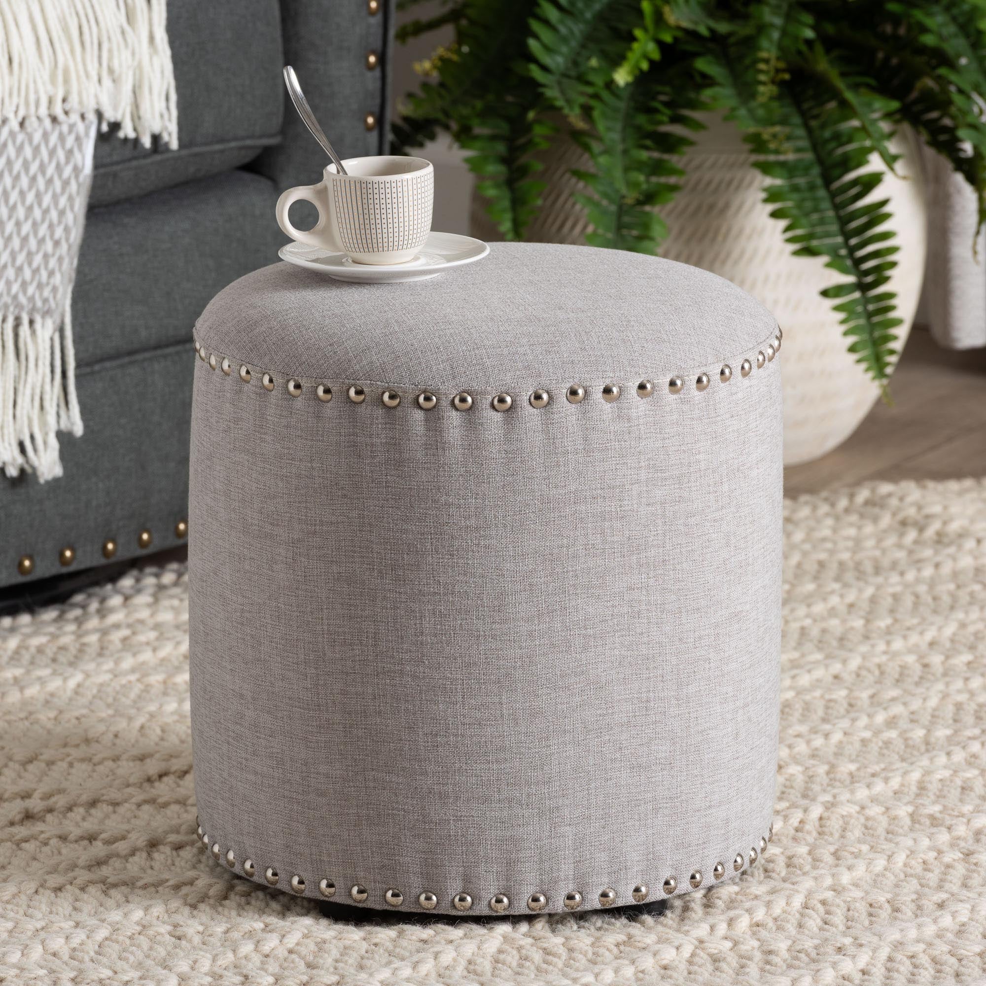 Baxton Studio Rosine Modern and Contemporary Light Grey Fabric Upholstered Nail Trim Ottoman