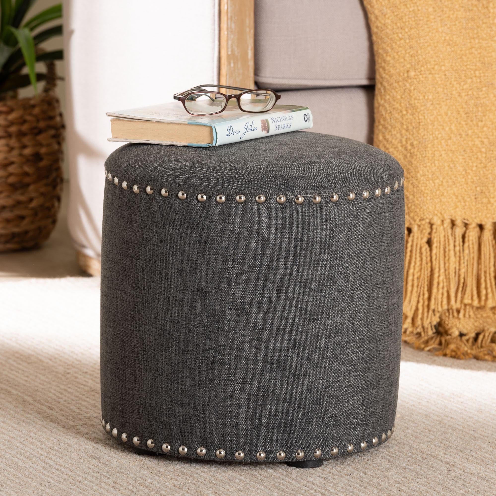 Baxton Studio Rosine Modern and Contemporary Dark Grey Fabric Upholstered Nail Trim Ottoman