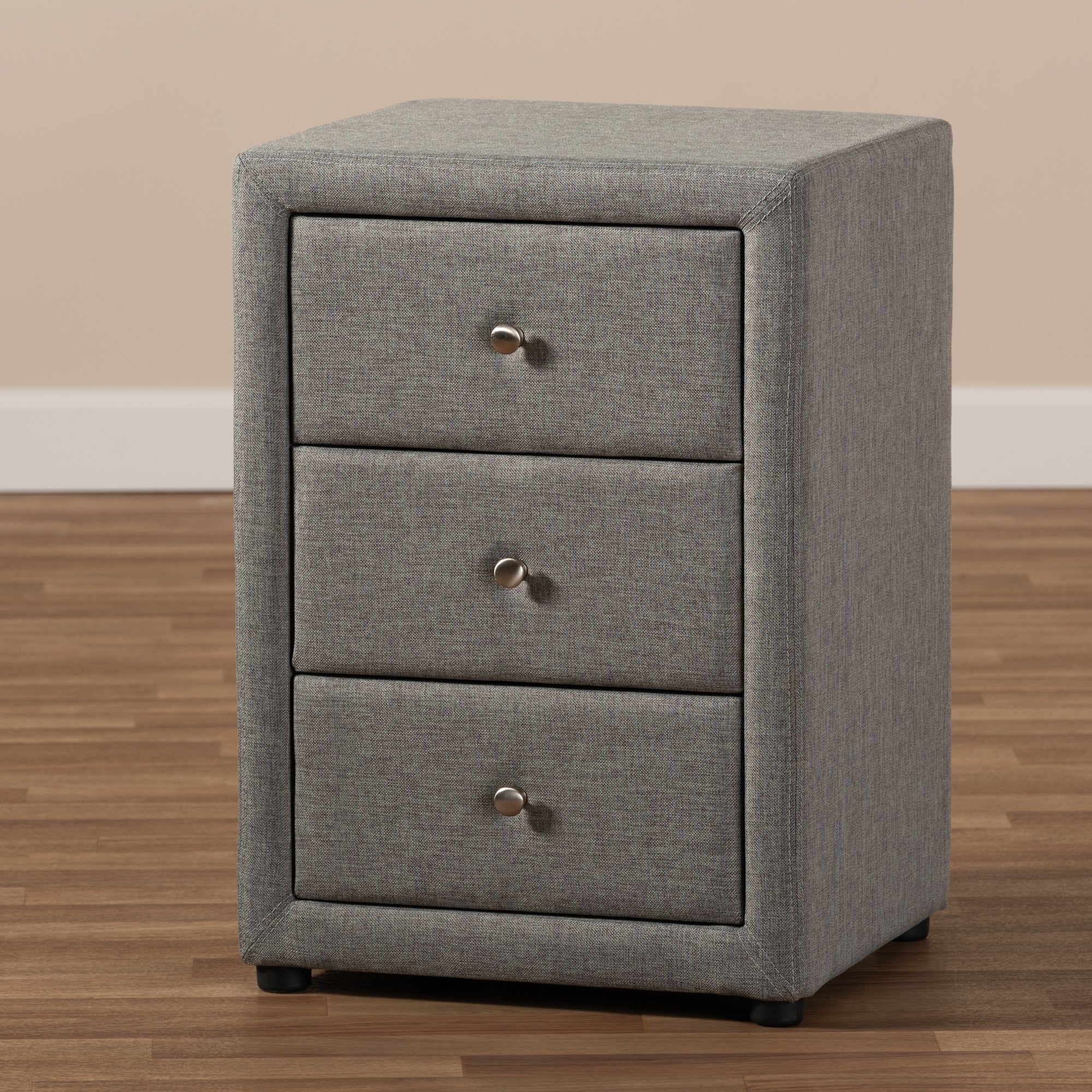 Baxton Studio Tessa Modern and Contemporary Grey Fabric Upholstered 3-Drawer Nightstand