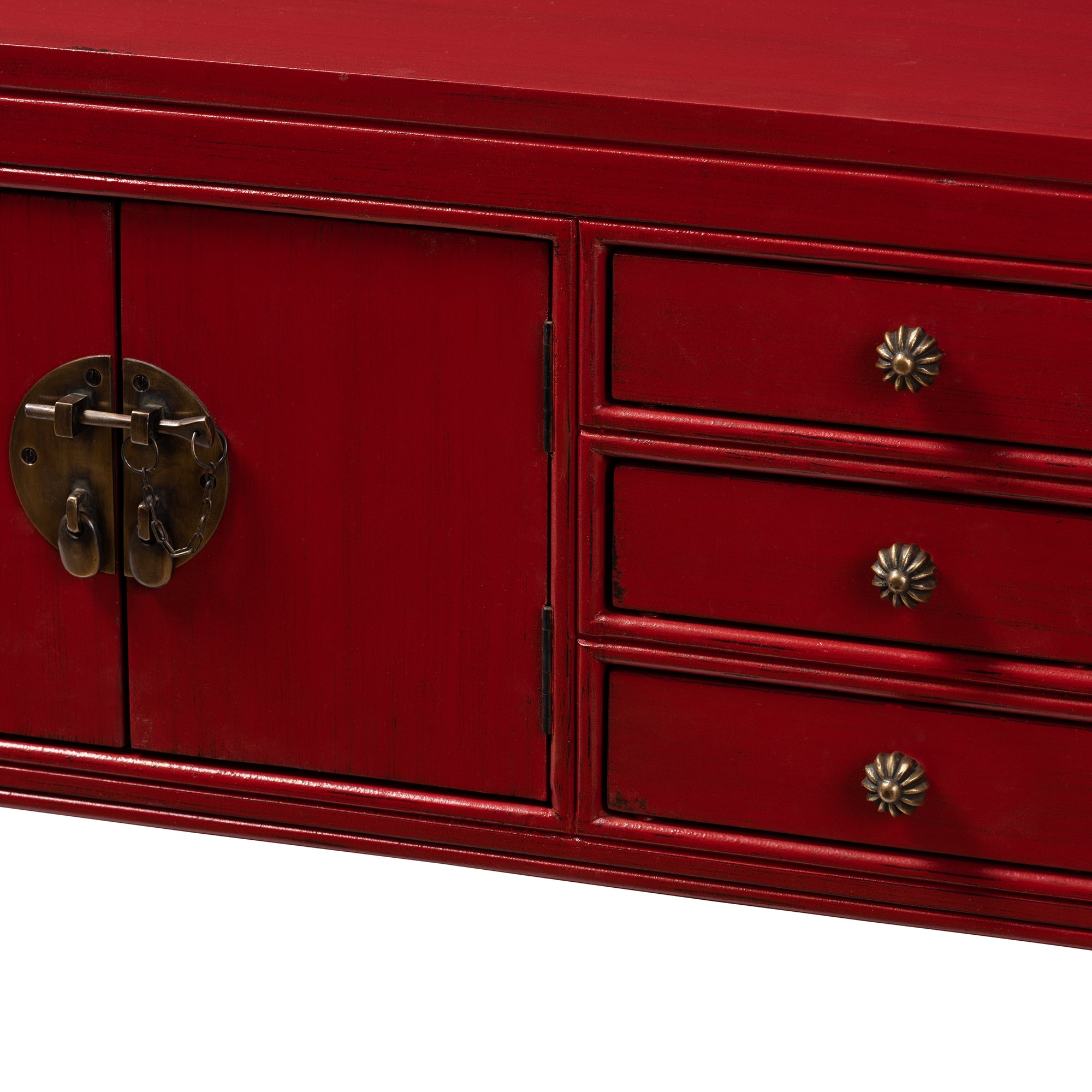 Baxton Studio Melodie Classic and Antique Red Finished Wood Bronze Finished Accents 6-Drawer Console Table