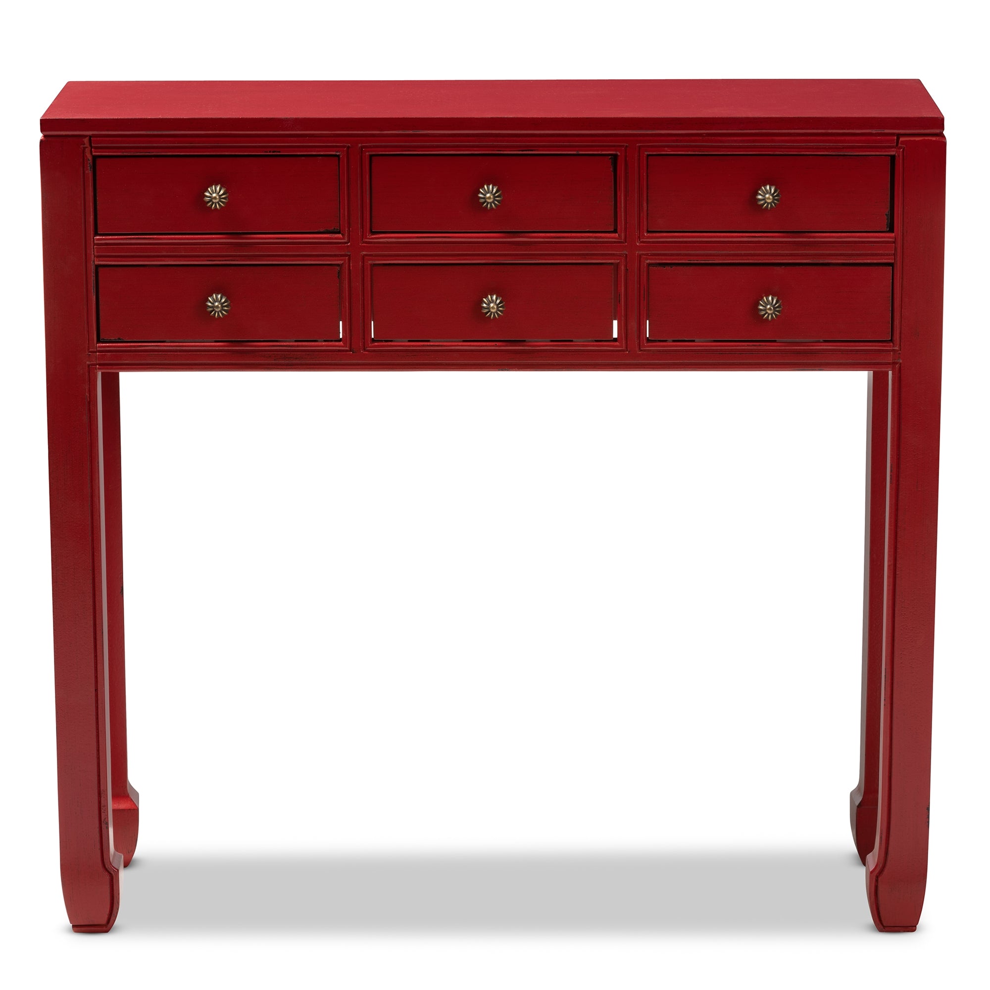 Baxton Studio Pomme Classic and Antique Red Finished Wood Bronze Finished Accents 6-Drawer Console Table