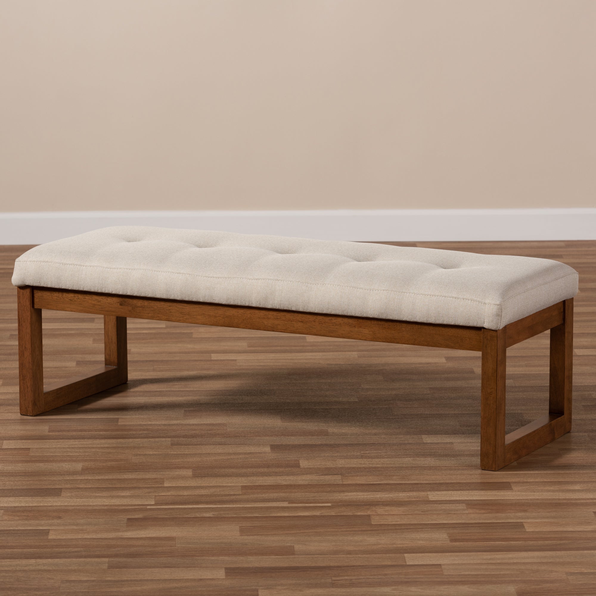 Baxton Studio Caramay Modern and Contemporary Light Beige Fabric Upholstered Walnut Brown Finished Wood Bench