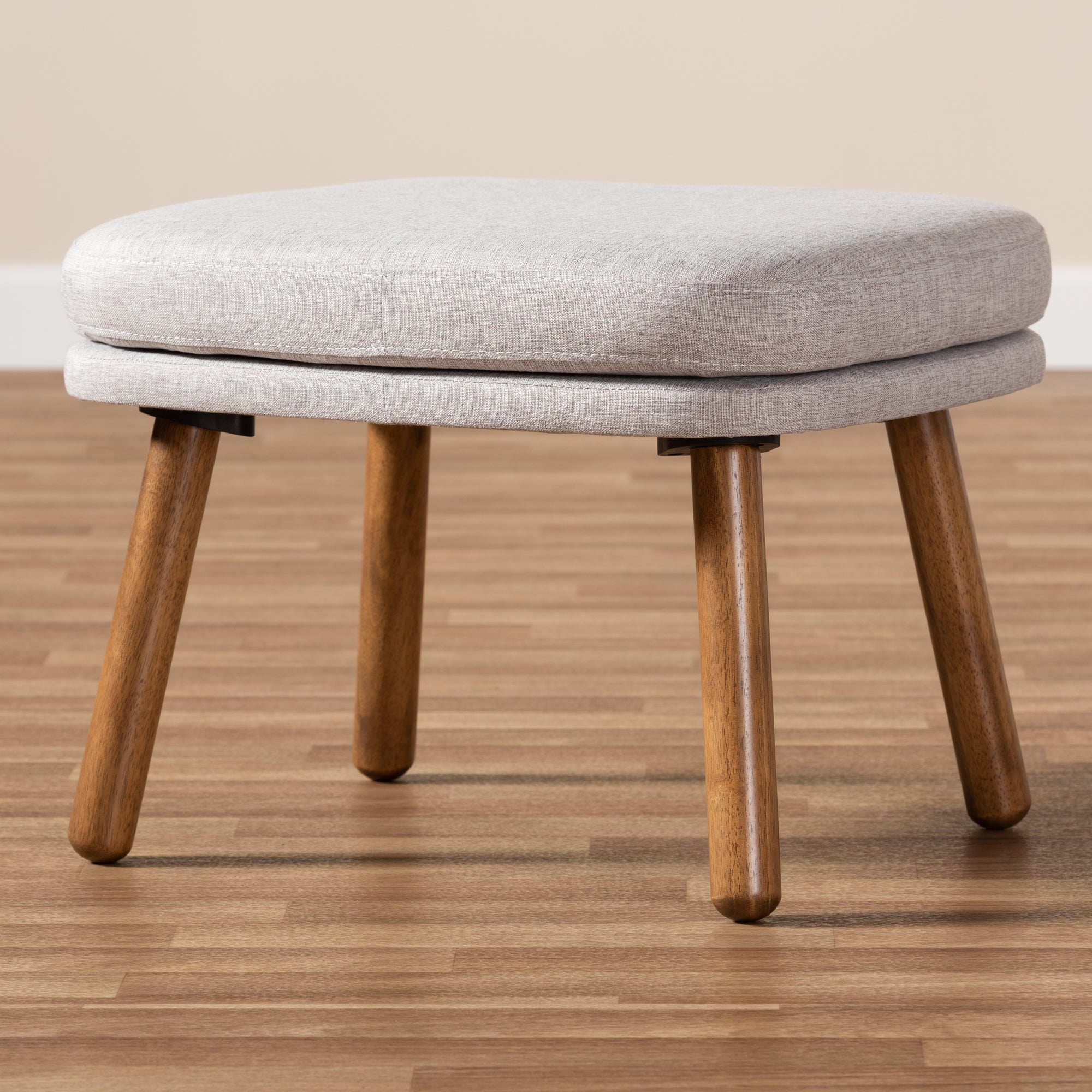 Baxton Studio Lovise Mid-Century Modern Greyish Beige Fabric Upholstered Walnut Brown Finished Wood Ottoman