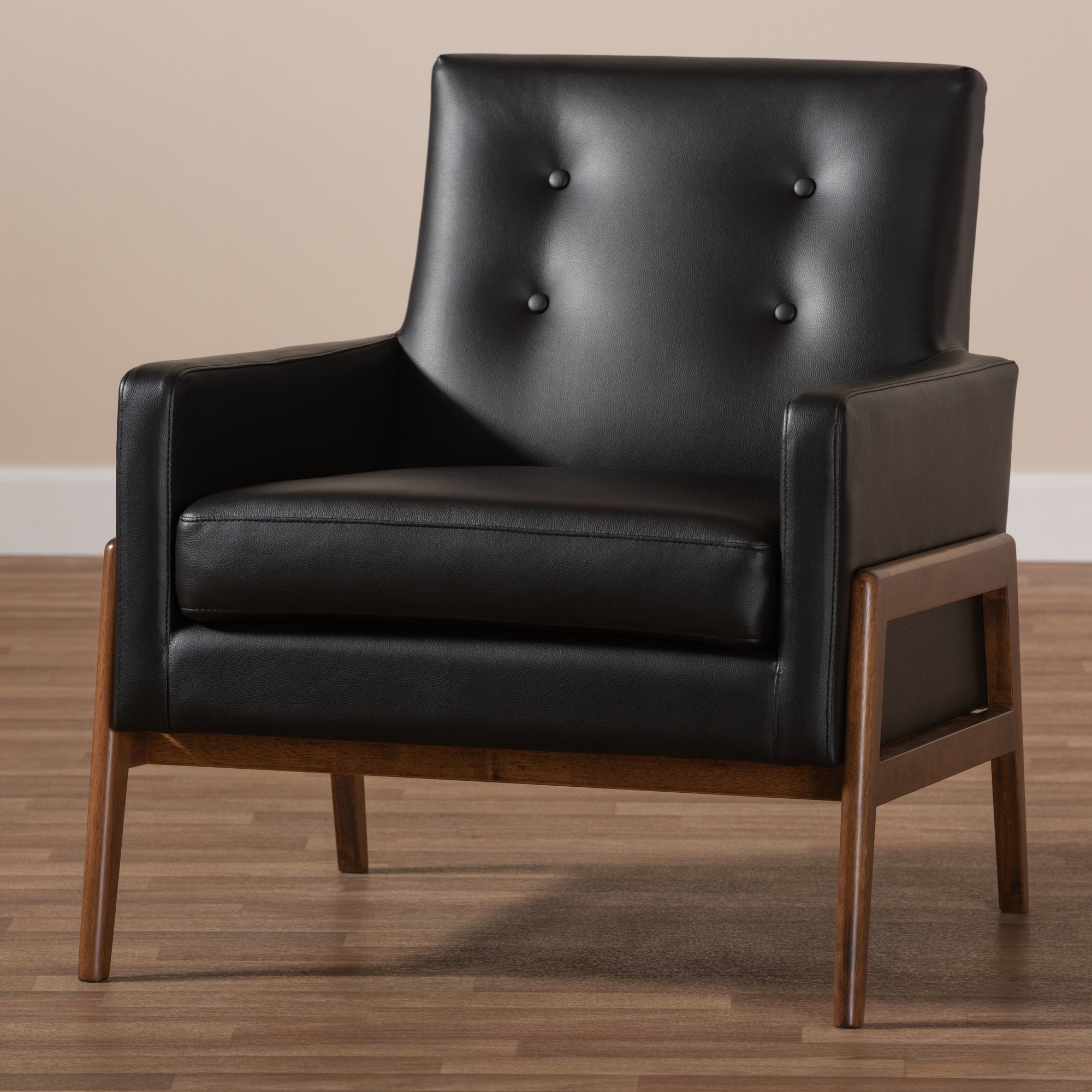 Baxton Studio Perris Mid-Century Modern Black Faux Leather Upholstered Walnut Wood Lounge Chair
