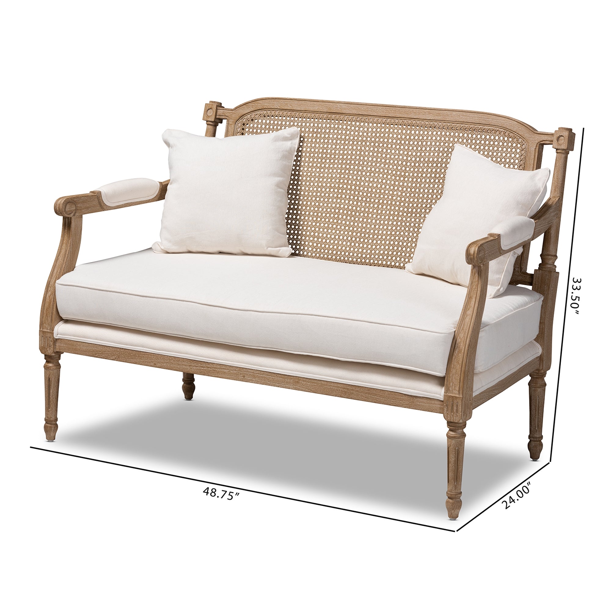Baxton Studio Clemence French Provincial Ivory Fabric Upholstered Whitewashed Wood Loveseat
