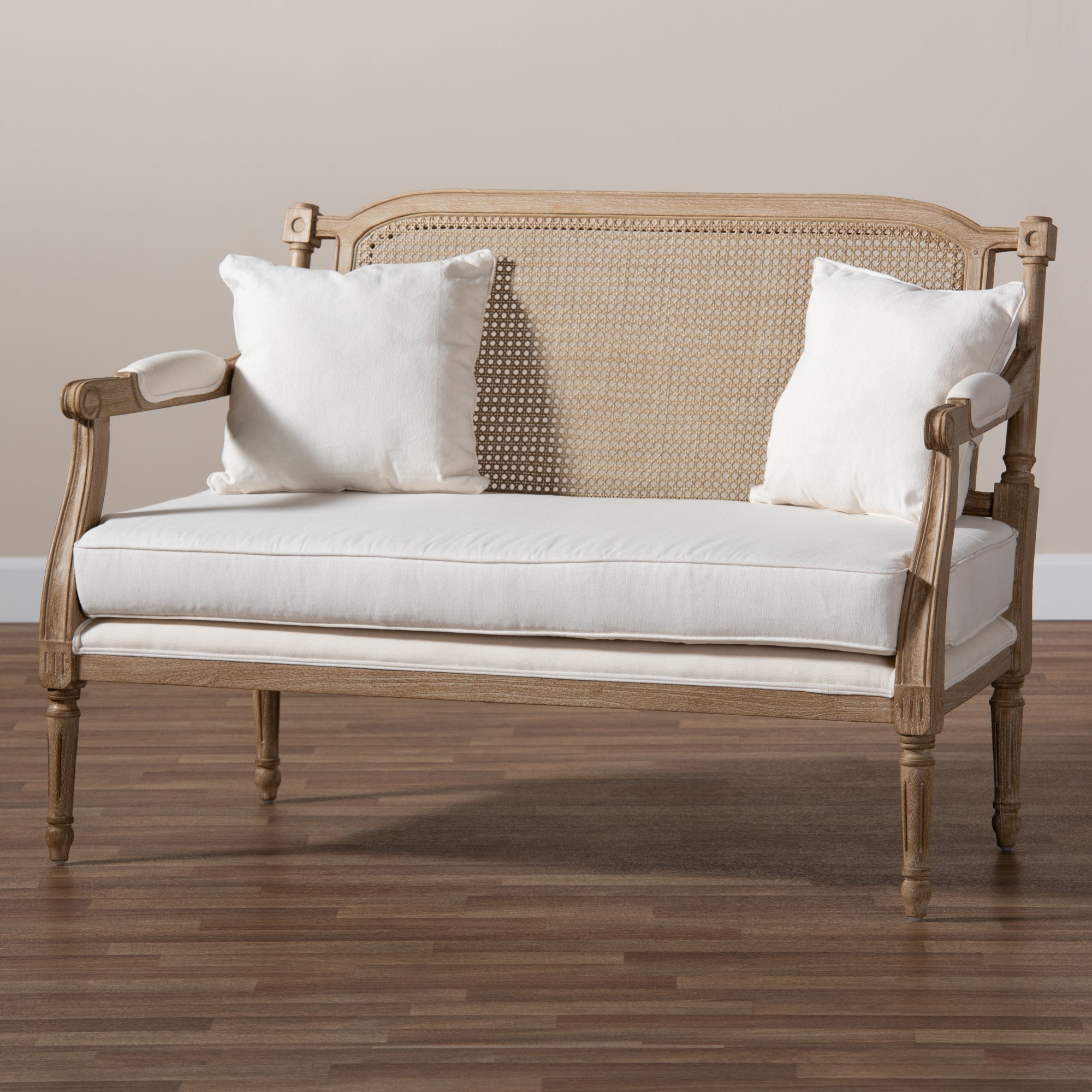 Baxton Studio Clemence French Provincial Ivory Fabric Upholstered Whitewashed Wood Loveseat