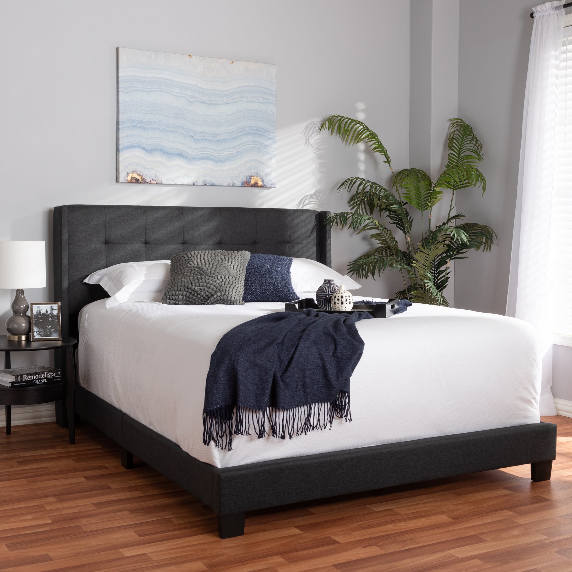 Baxton Studio Lisette Modern and Contemporary Charcoal Grey Fabric Upholstered Queen Size Bed