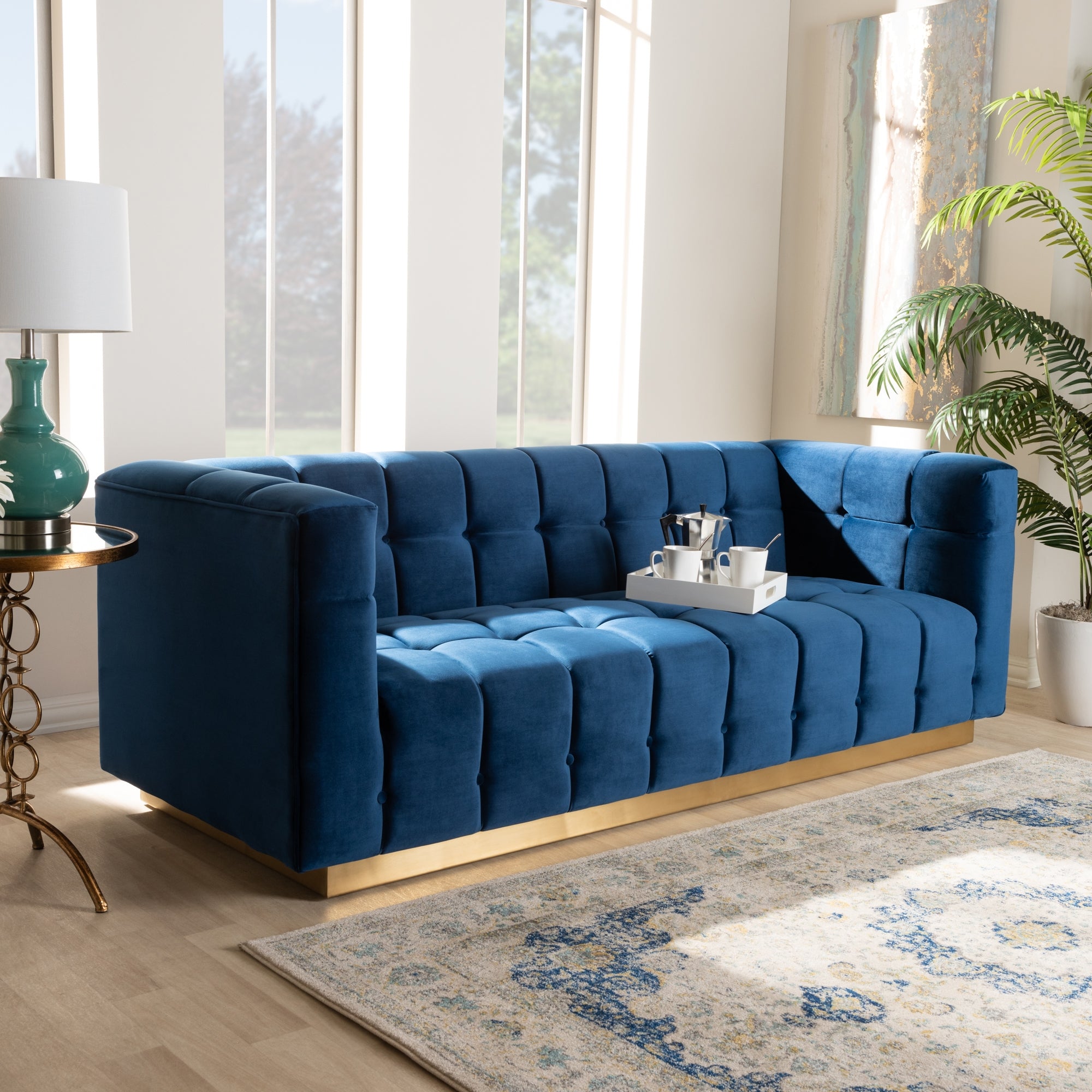 Baxton Studio Loreto Glam and Luxe Navy Blue Velvet Fabric Upholstered Brushed Gold Finished Sofa