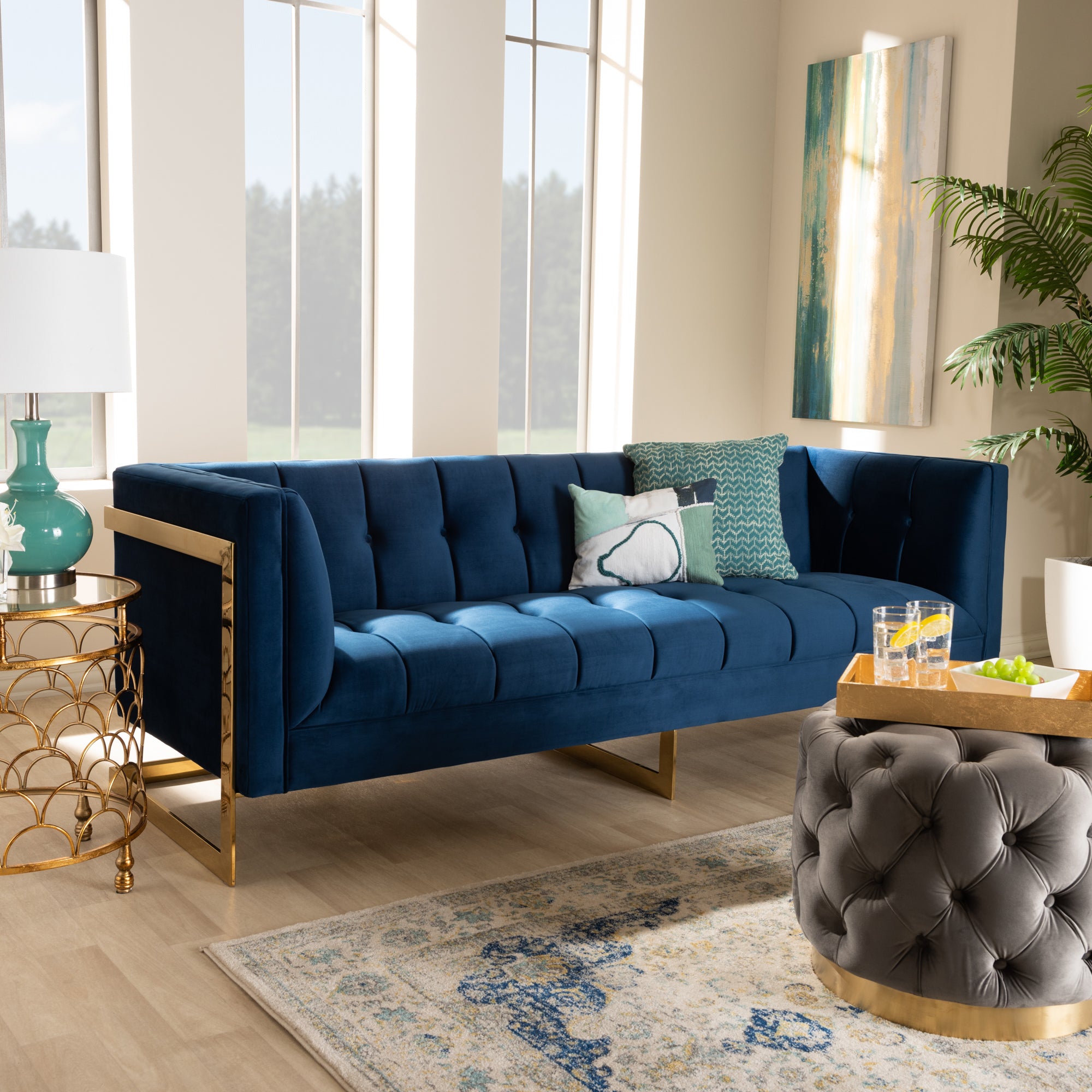 Baxton Studio Ambra Glam and Luxe Navy Blue Velvet Fabric Upholstered and Button Tufted Gold Sofa with Gold-Tone Frame