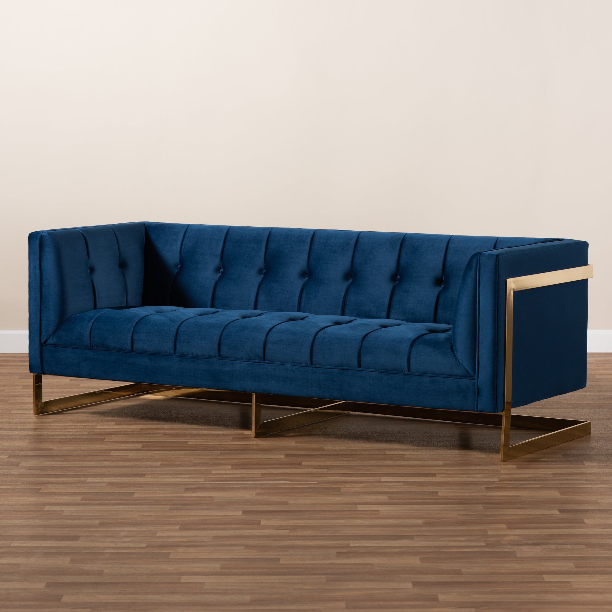 Baxton Studio Ambra Glam and Luxe Navy Blue Velvet Fabric Upholstered and Button Tufted Gold Sofa with Gold-Tone Frame