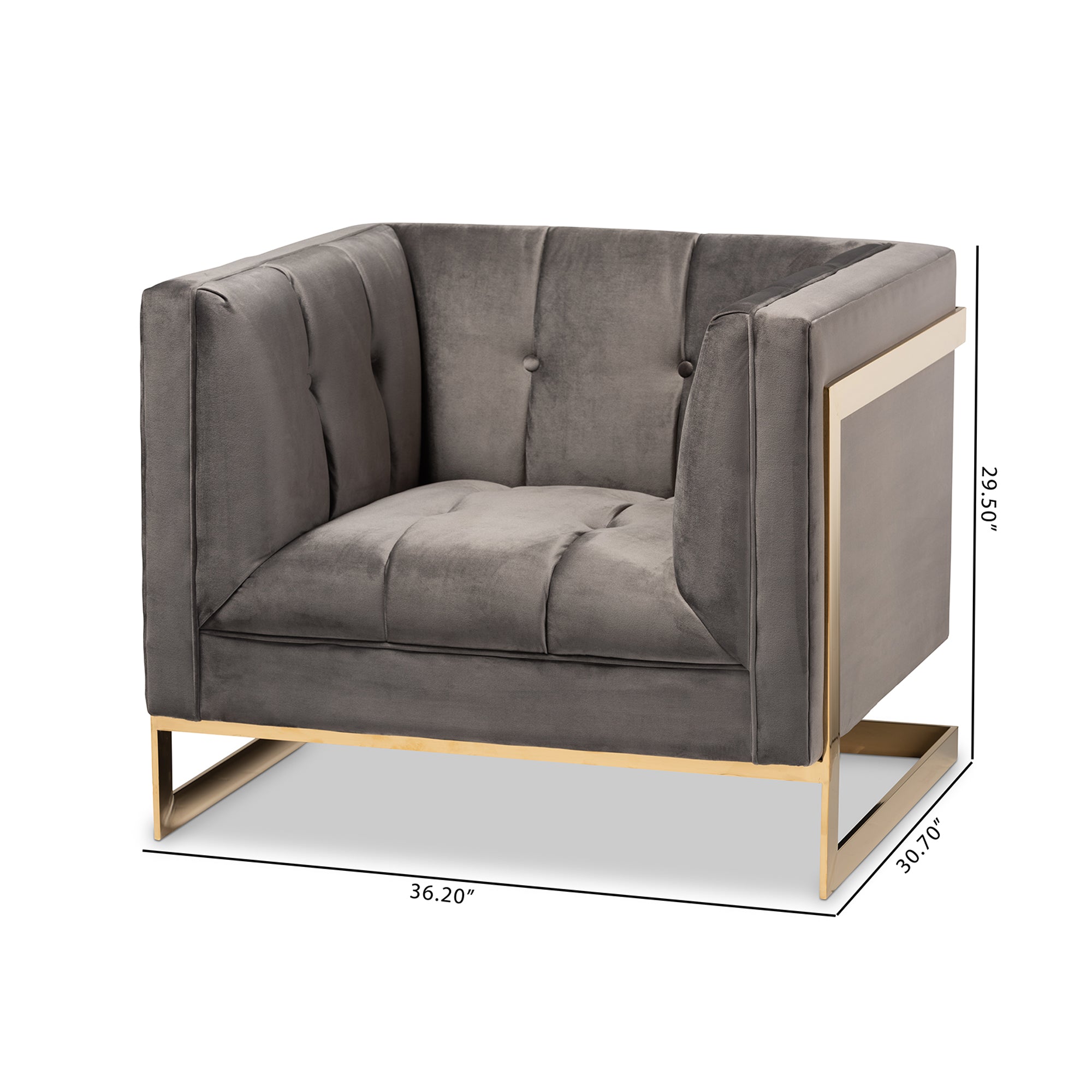 Baxton Studio Ambra Glam and Luxe Grey Velvet Fabric Upholstered and Button Tufted Armchair with Gold-Tone Frame