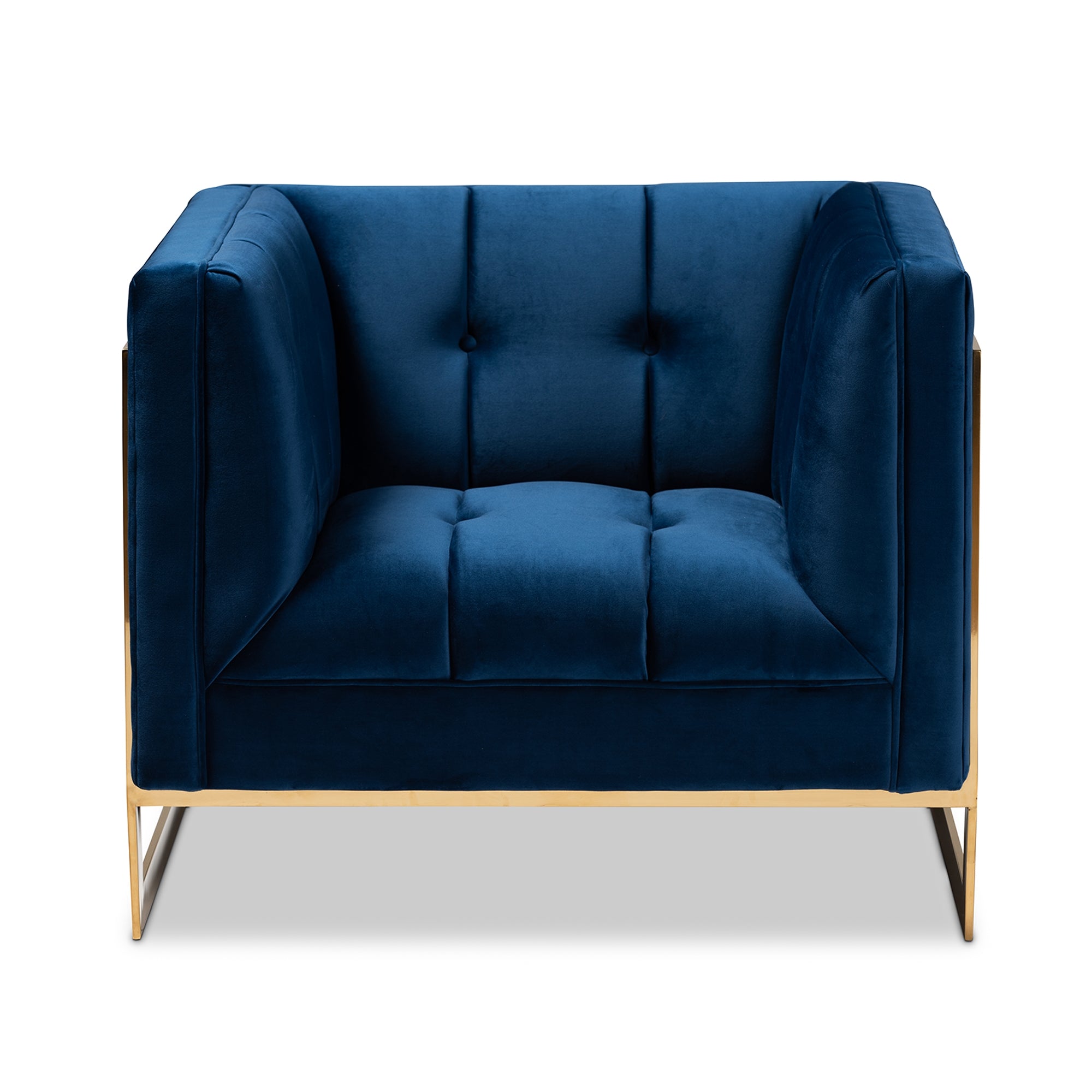 Baxton Studio Ambra Glam and Luxe Navy Blue Velvet Fabric Upholstered and Button Tufted Armchair with Gold-Tone Frame