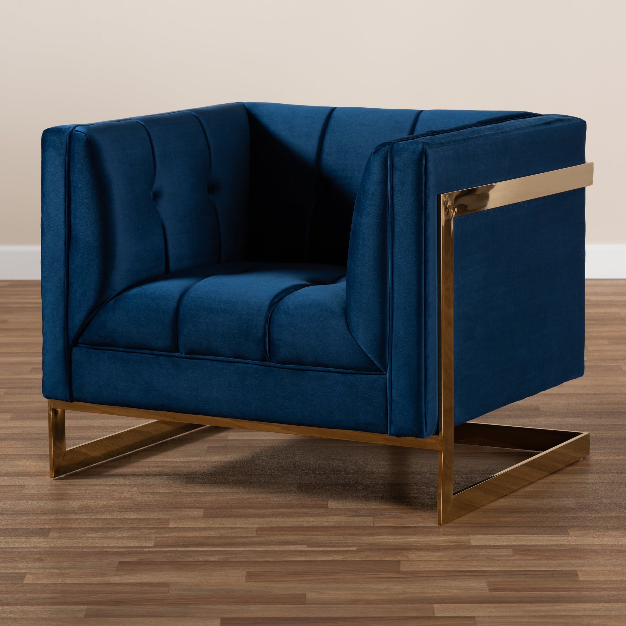 Baxton Studio Ambra Glam and Luxe Navy Blue Velvet Fabric Upholstered and Button Tufted Armchair with Gold-Tone Frame
