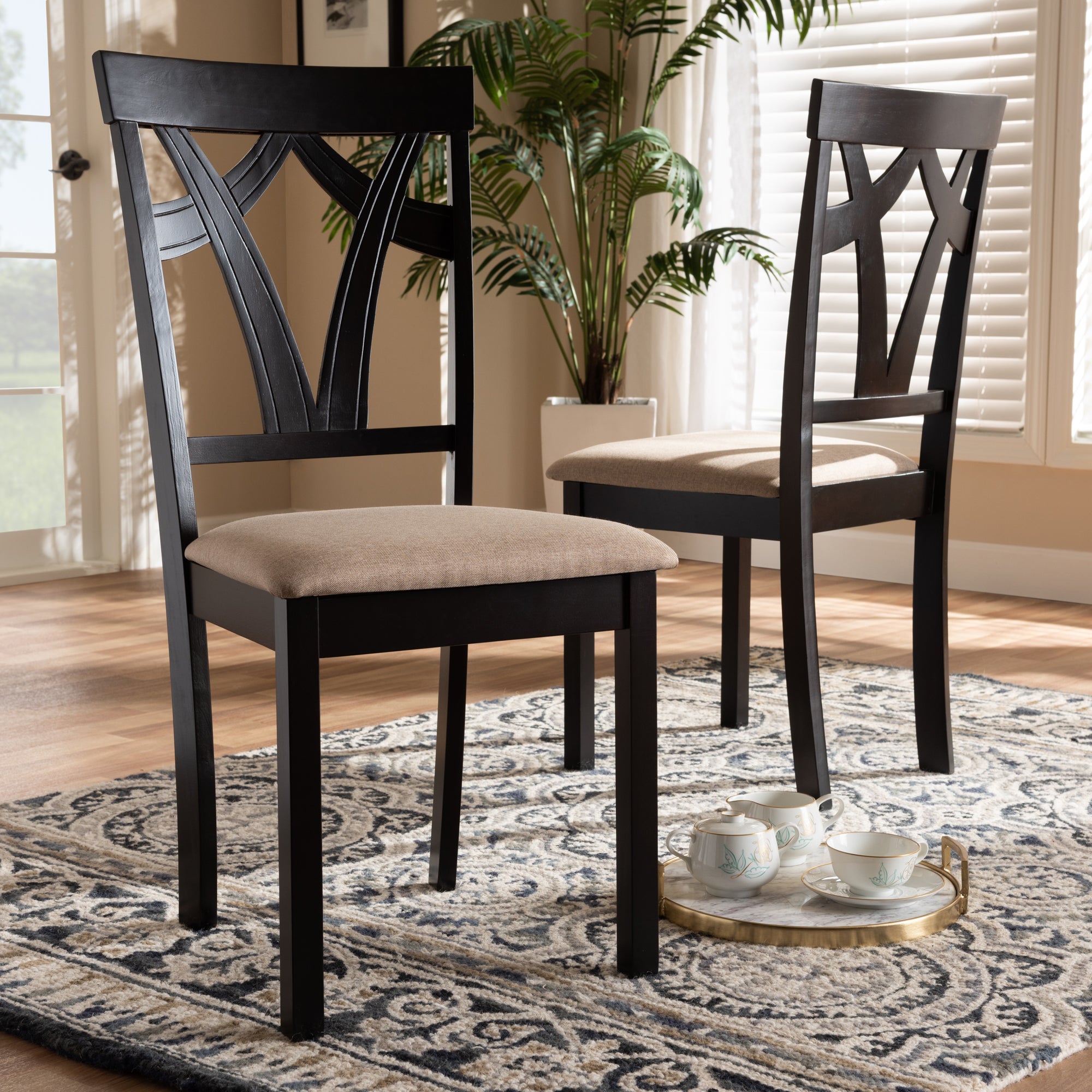 Baxton Studio Sylvia Modern and Contemporary Sand Fabric Upholstered and Espresso Brown Finished Dining Chair Set