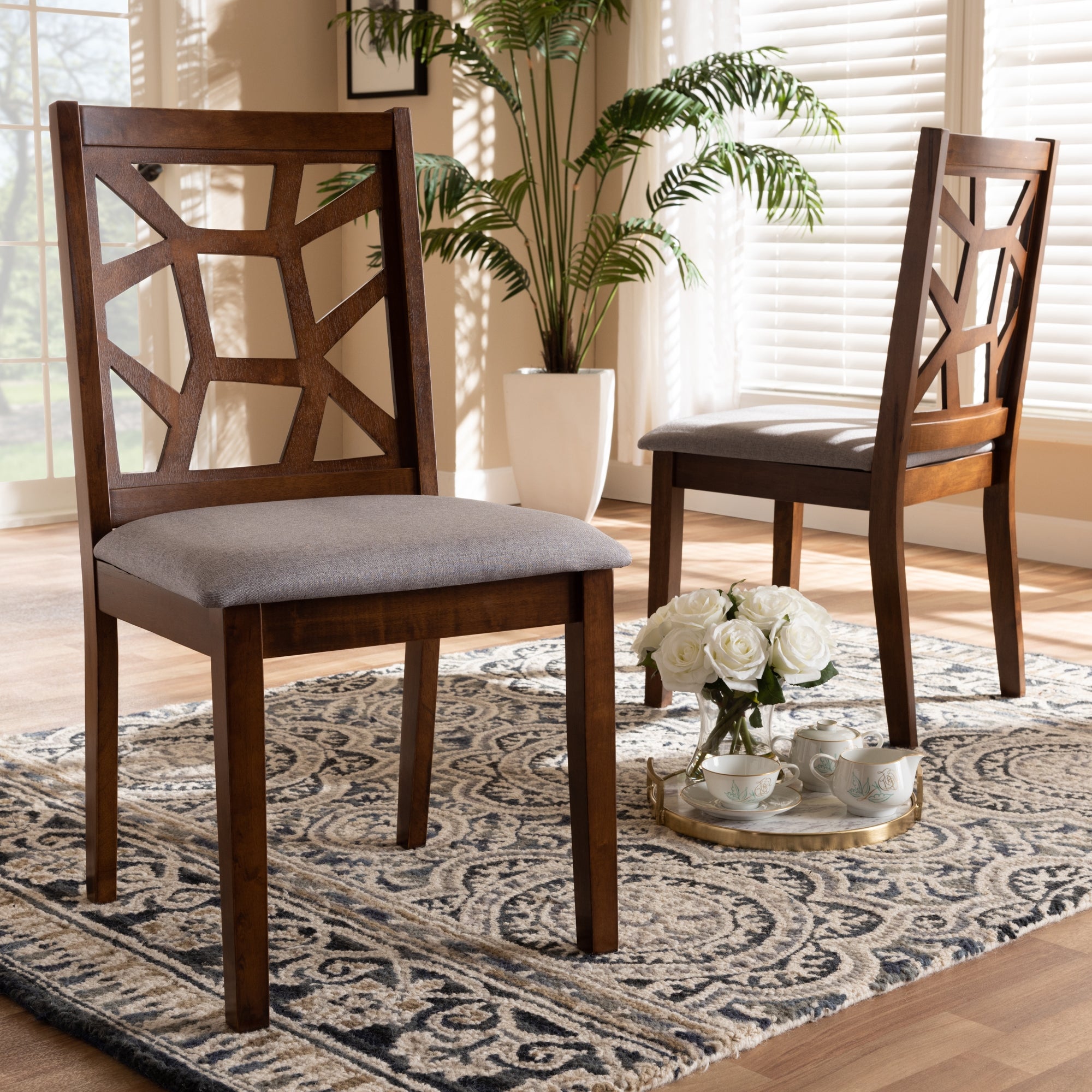 Baxton Studio Abilene Mid-Century Grey Fabric Upholstered and Walnut Brown Finished Dining Chair Set