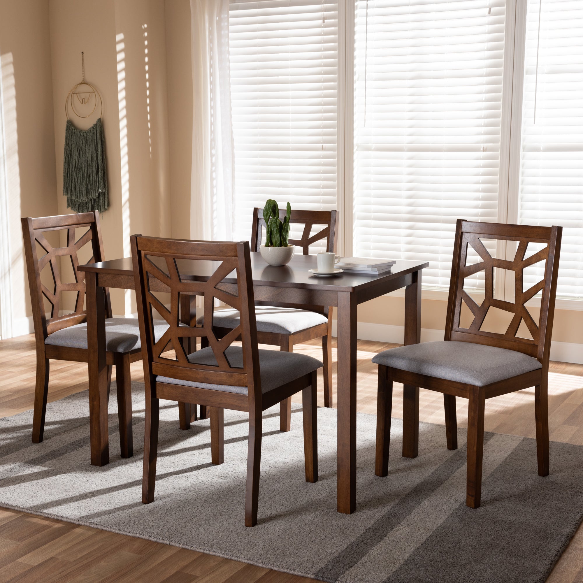 Baxton Studio Abilene Mid-Century Walnut Finished and Grey Fabric Upholstered 5-Piece Dining Set