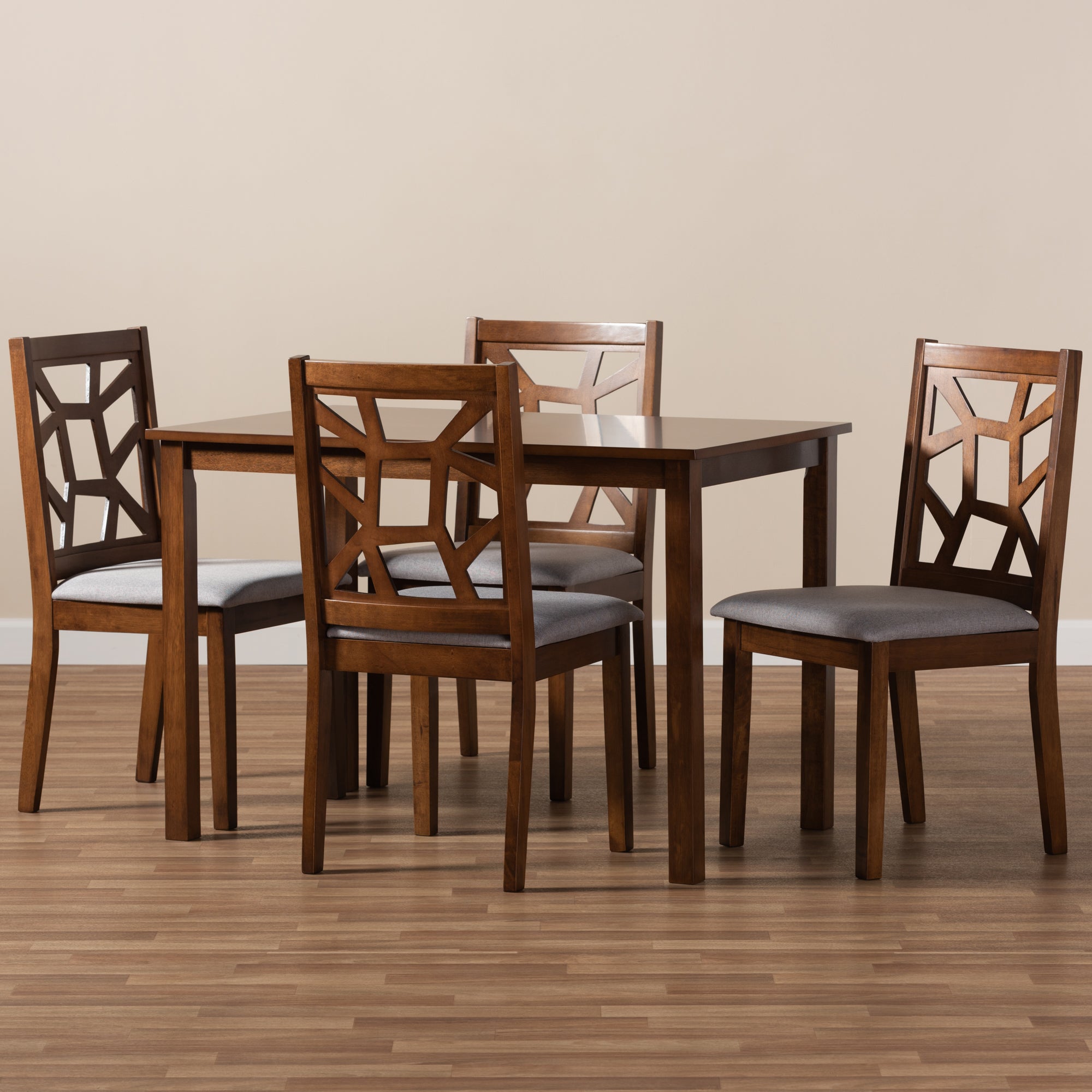 Baxton Studio Abilene Mid-Century Walnut Finished and Grey Fabric Upholstered 5-Piece Dining Set