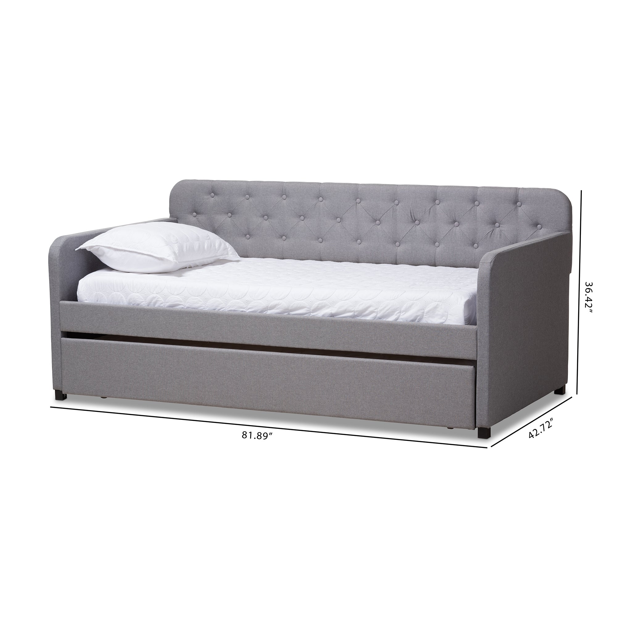 Baxton Studio Camelia Modern and Contemporary Grey Fabric Upholstered Button-Tufted Twin Size Sofa Daybed with Roll-Out Trundle Guest Bed