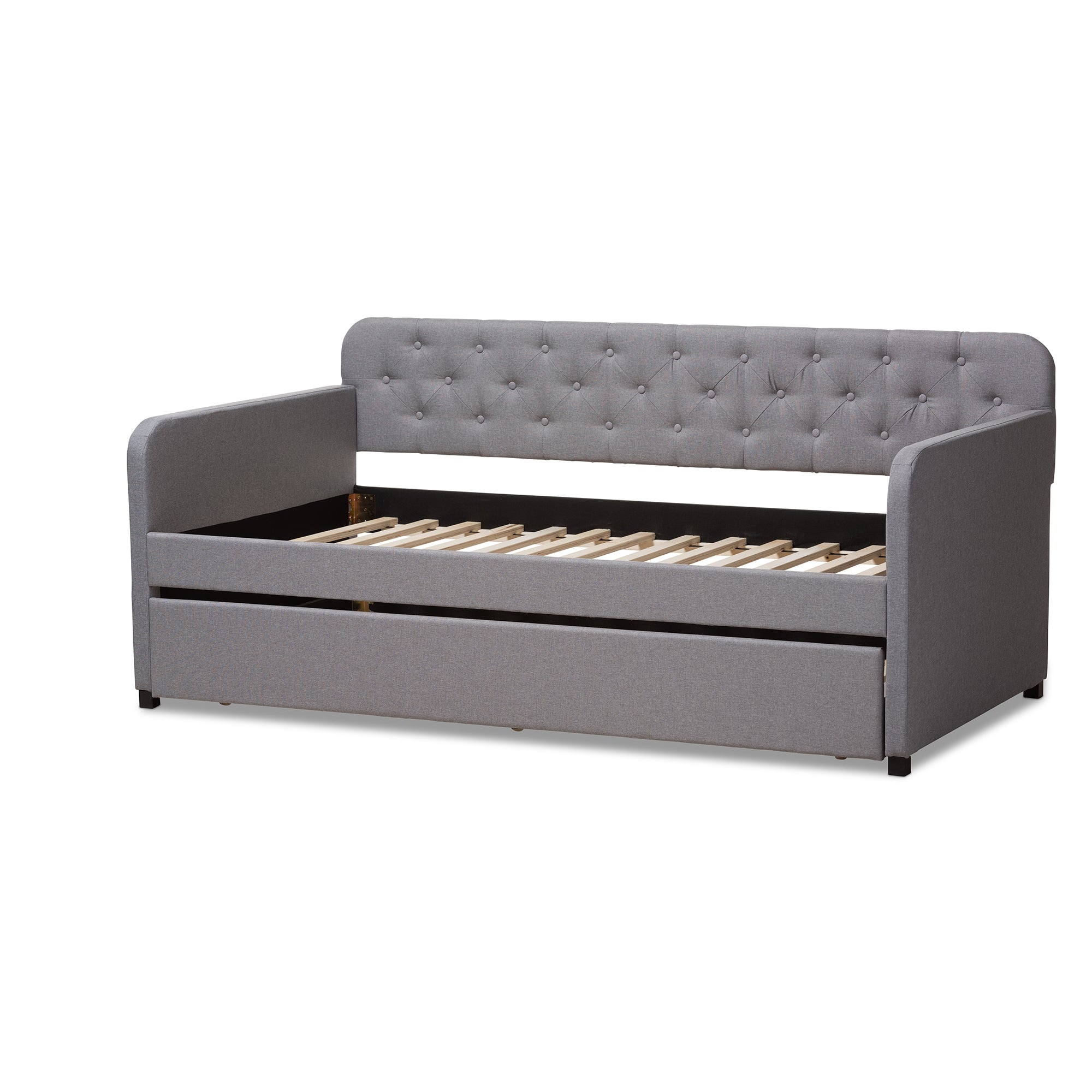 Baxton Studio Camelia Modern and Contemporary Grey Fabric Upholstered Button-Tufted Twin Size Sofa Daybed with Roll-Out Trundle Guest Bed