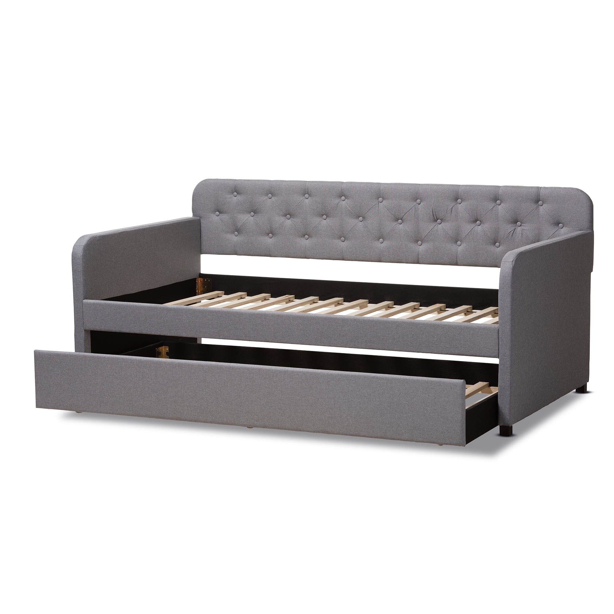 Baxton Studio Camelia Modern and Contemporary Grey Fabric Upholstered Button-Tufted Twin Size Sofa Daybed with Roll-Out Trundle Guest Bed
