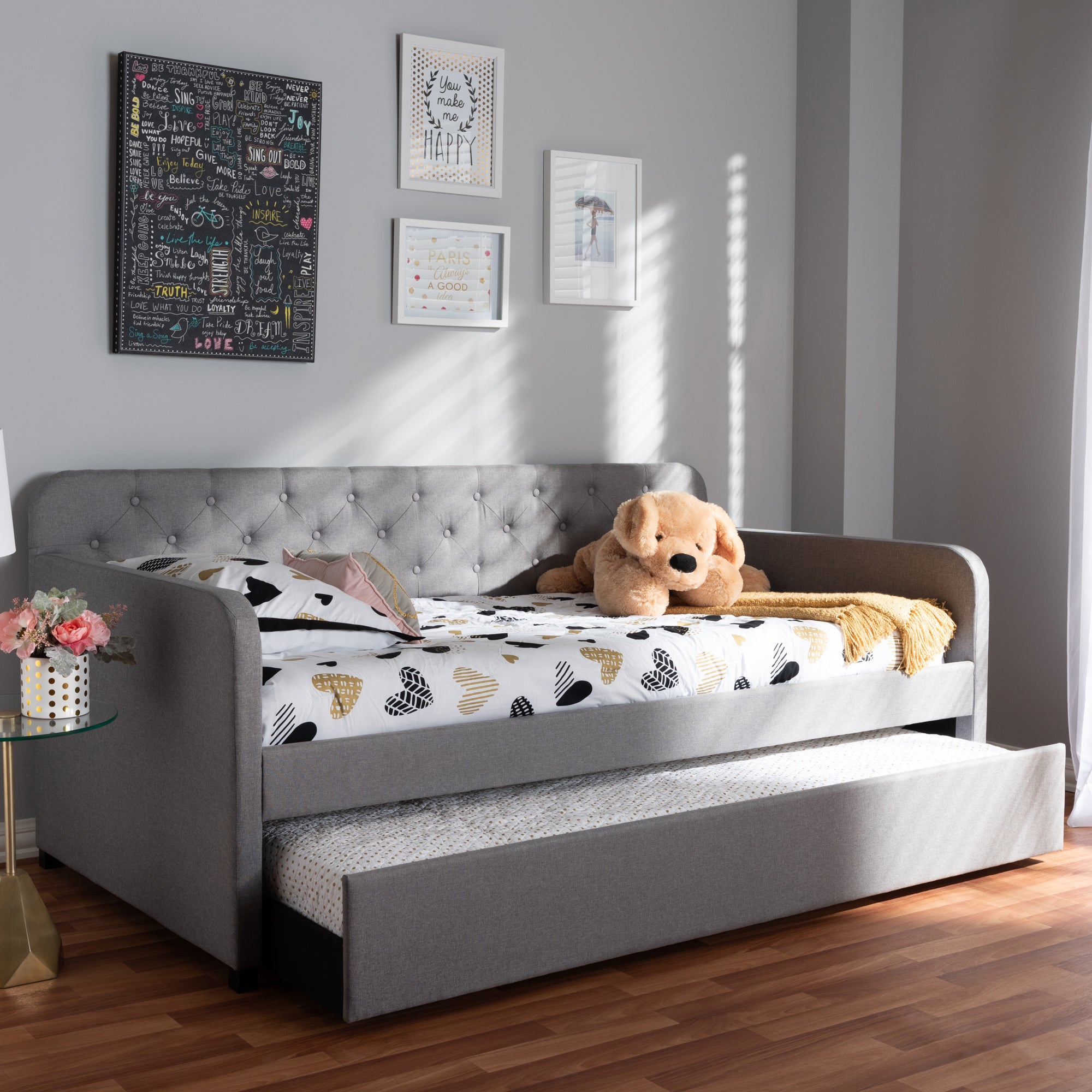 Baxton Studio Camelia Modern and Contemporary Grey Fabric Upholstered Button-Tufted Twin Size Sofa Daybed with Roll-Out Trundle Guest Bed