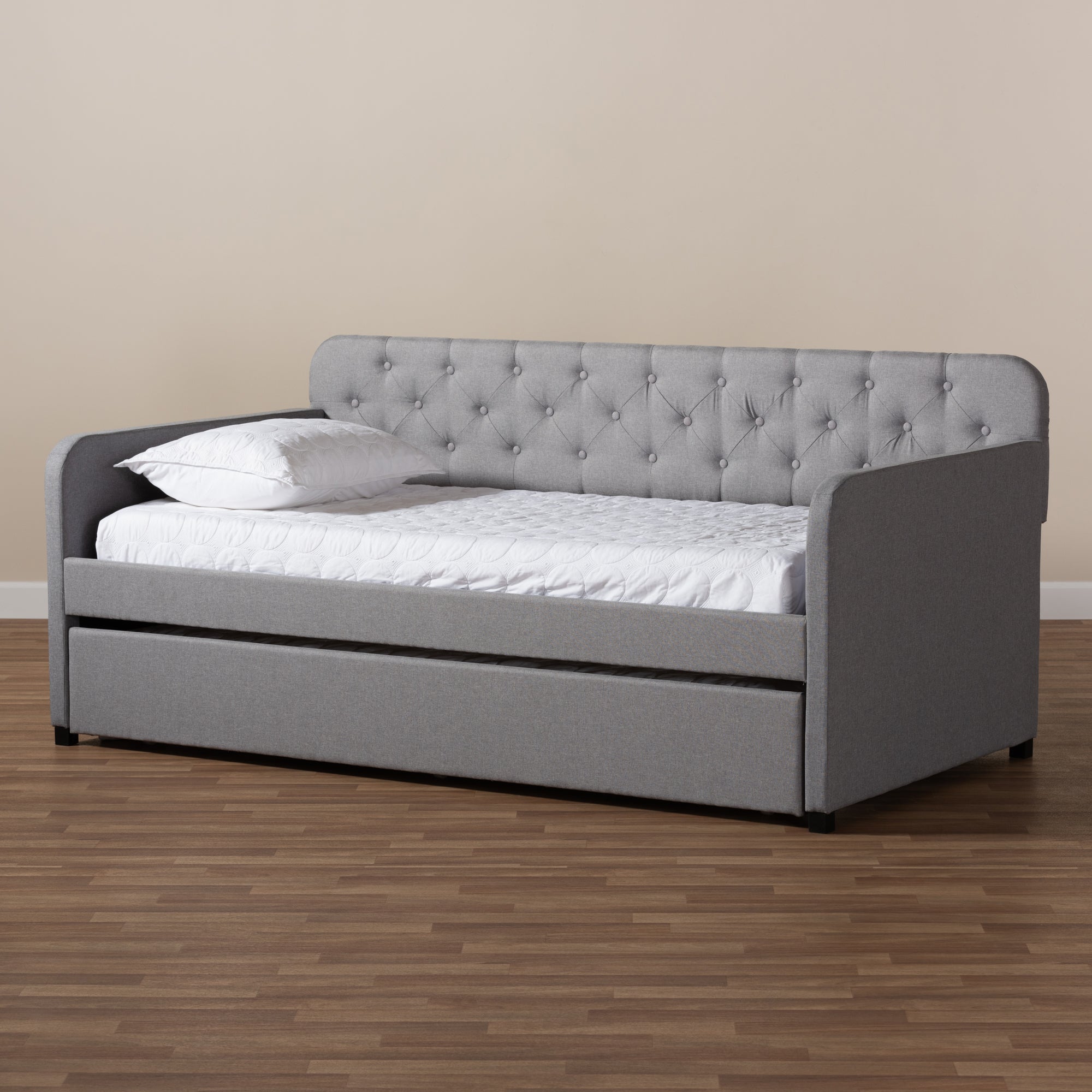 Baxton Studio Camelia Modern and Contemporary Grey Fabric Upholstered Button-Tufted Twin Size Sofa Daybed with Roll-Out Trundle Guest Bed