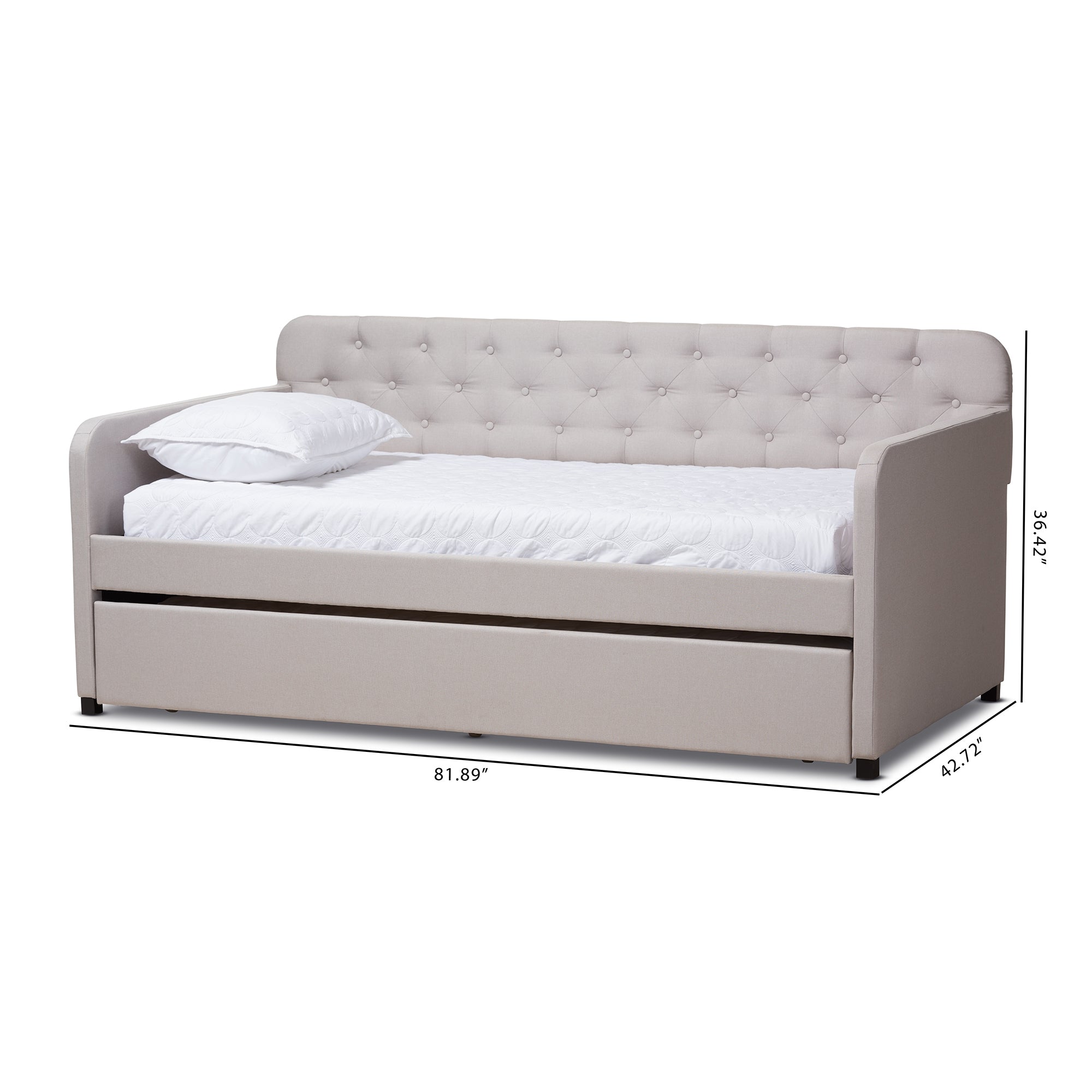 Baxton Studio Camelia Modern and Contemporary Beige Fabric Upholstered Button-Tufted Twin Size Sofa Daybed with Roll-Out Trundle Guest Bed