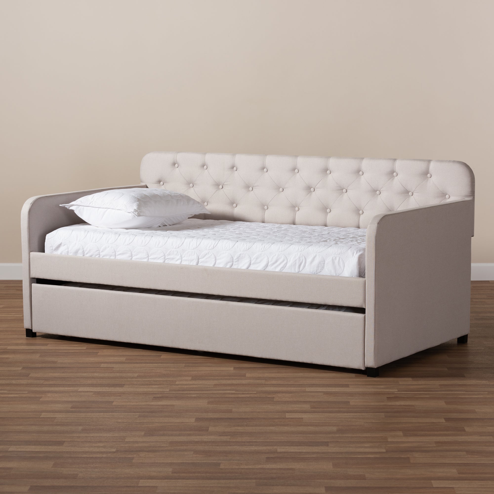 Baxton Studio Camelia Modern and Contemporary Beige Fabric Upholstered Button-Tufted Twin Size Sofa Daybed with Roll-Out Trundle Guest Bed