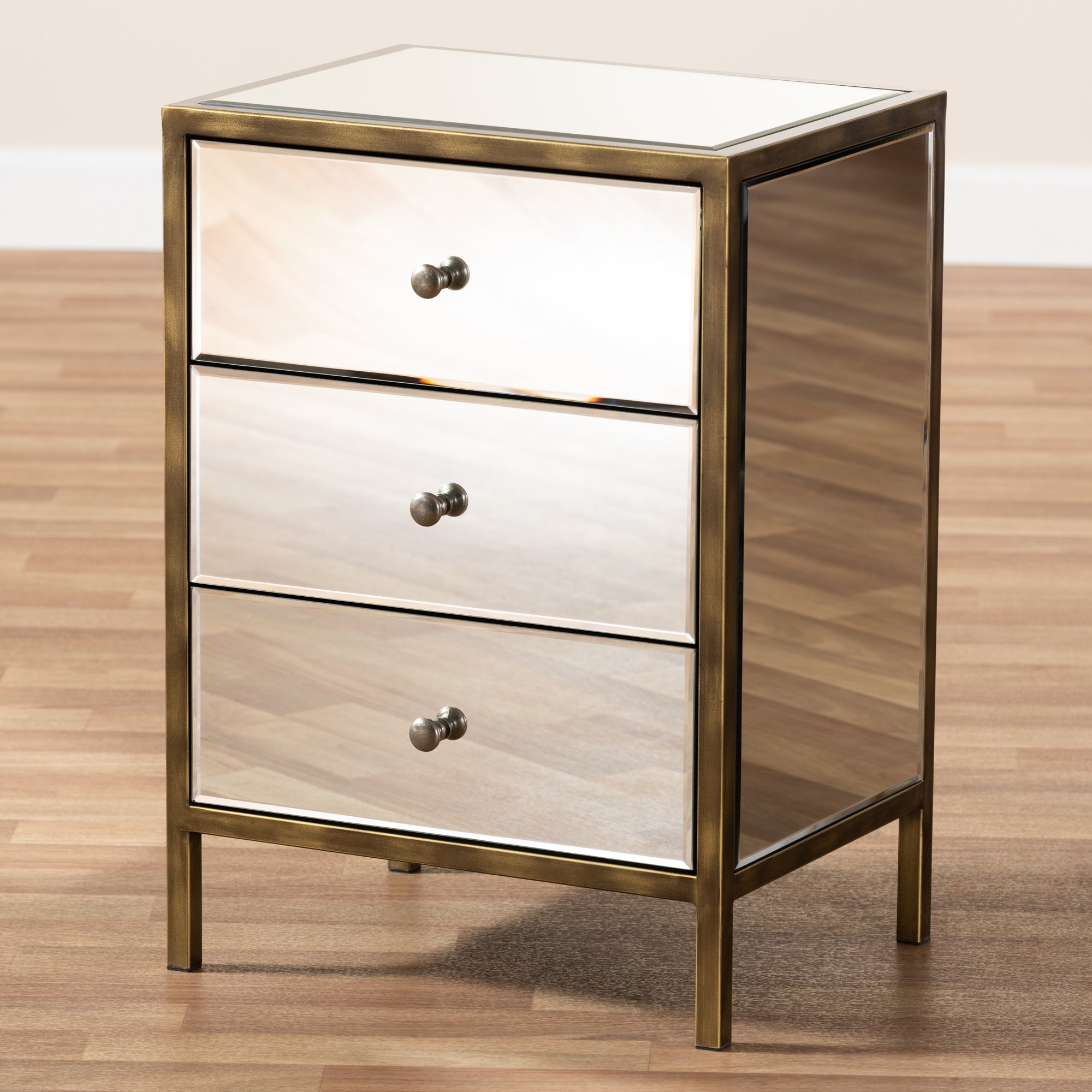 Baxton Studio Nouria Modern and Contemporary Hollywood Regency Glamour Style Mirrored 3-Drawer End Table