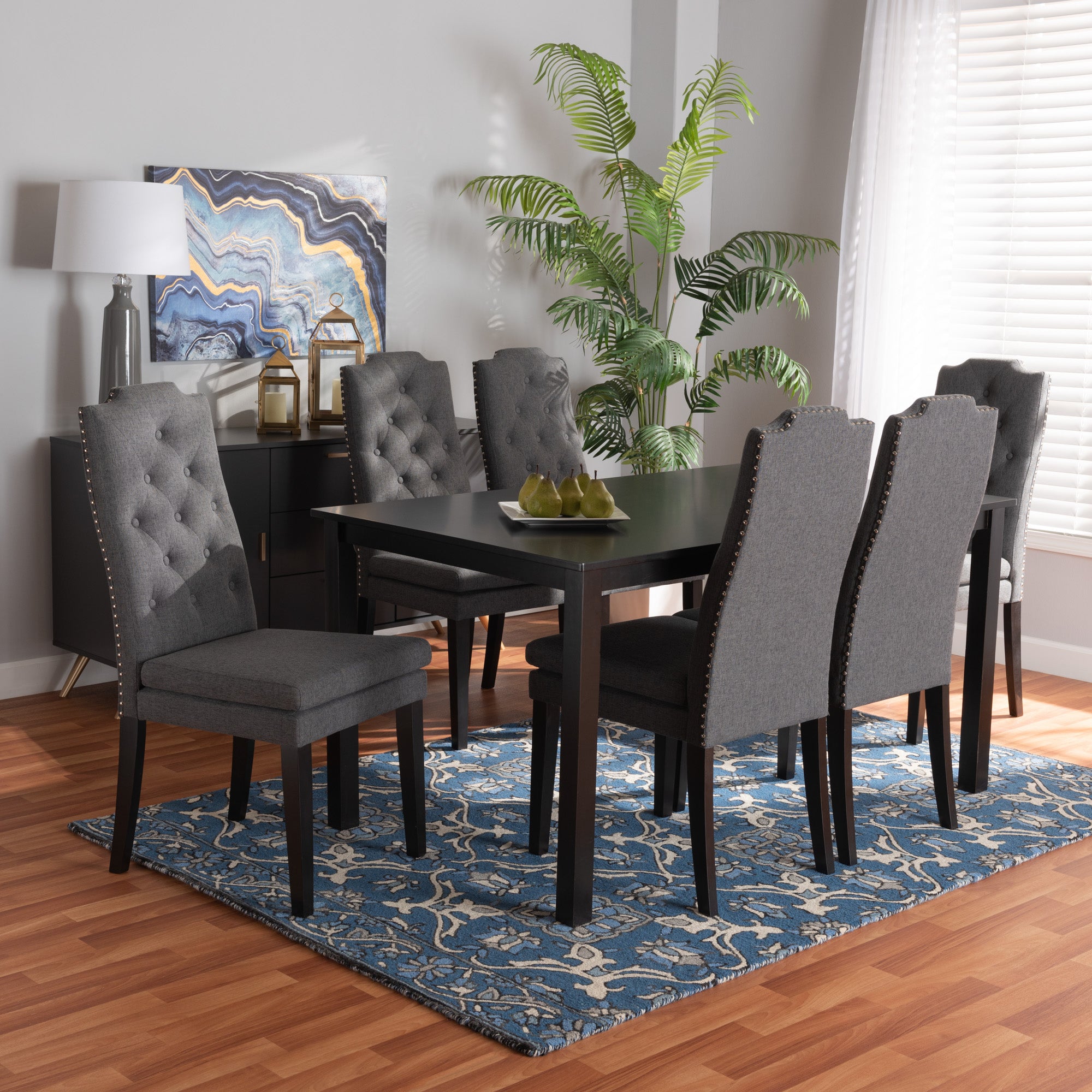 Baxton Studio Dylin Modern and Contemporary Dark Grey Fabric Upholstered and Dark Brown Finished Wood 7-Piece Dining Set