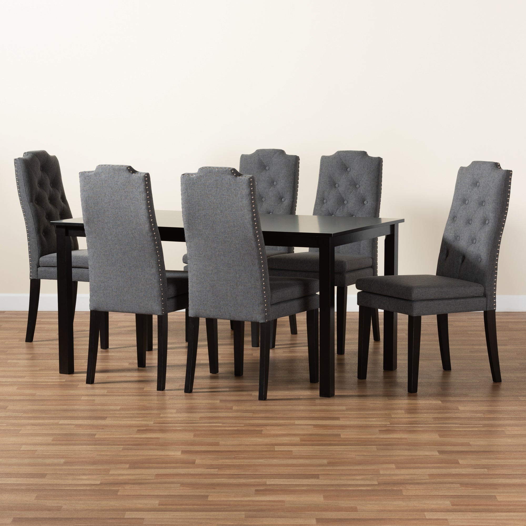 Baxton Studio Dylin Modern and Contemporary Dark Grey Fabric Upholstered and Dark Brown Finished Wood 7-Piece Dining Set