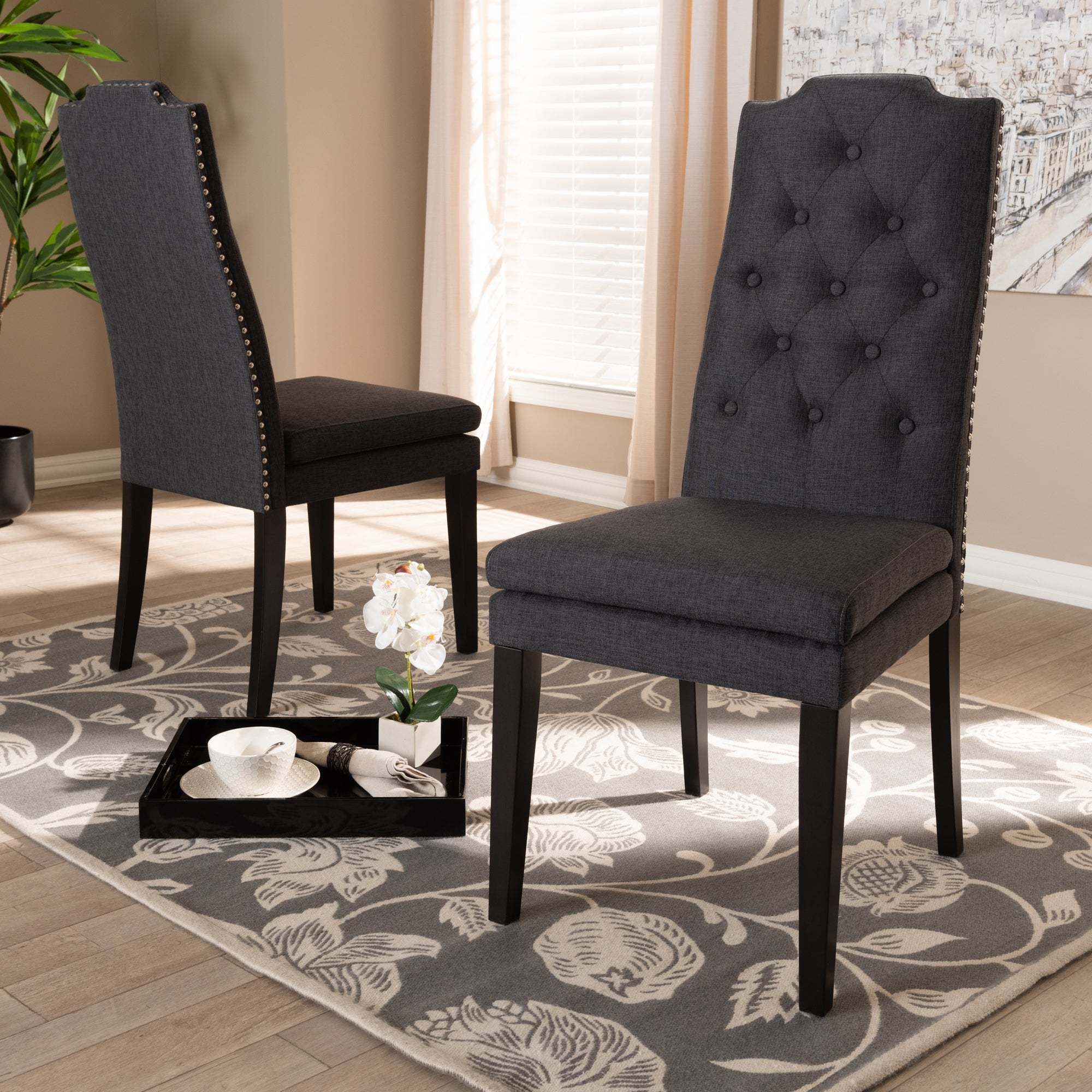 Baxton Studio Dylin Modern and Contemporary Charcoal Fabric Upholstered Button Tufted Wood Dining Chair Set of 2