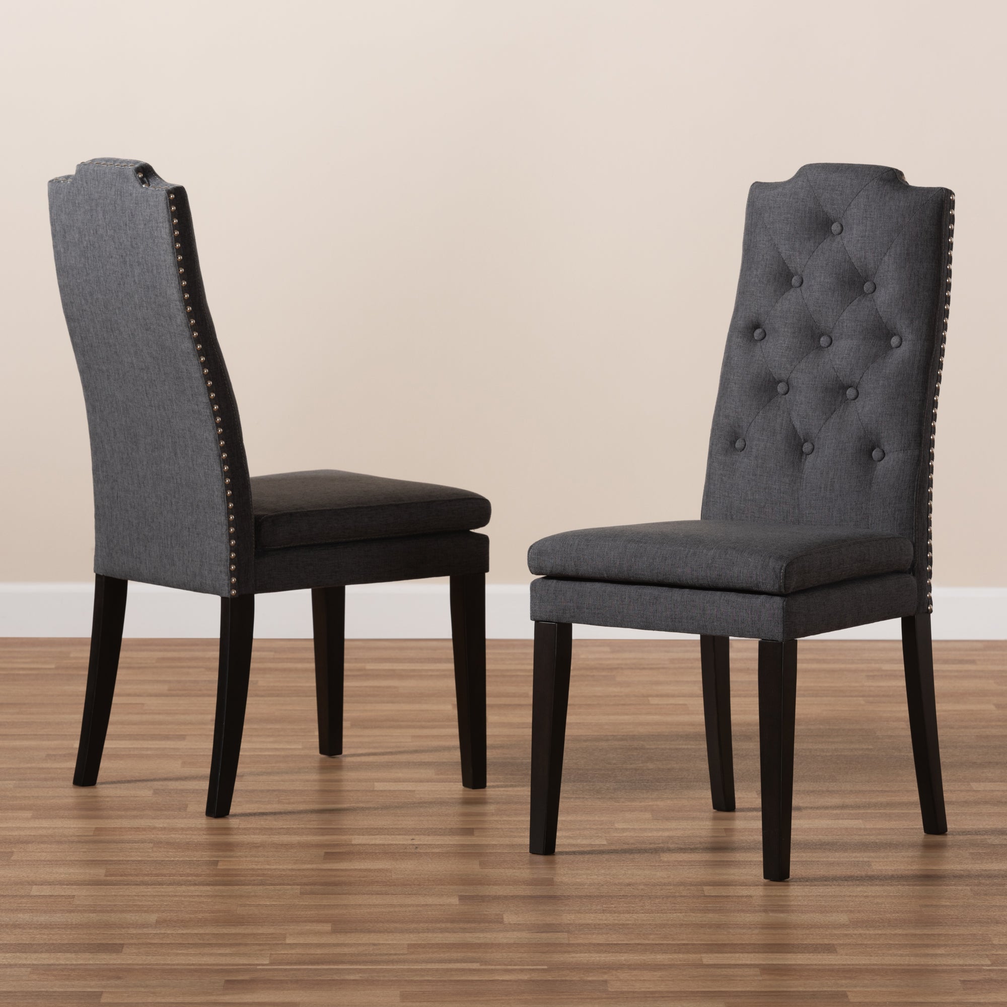 Baxton Studio Dylin Modern and Contemporary Charcoal Fabric Upholstered Button Tufted Wood Dining Chair Set of 2