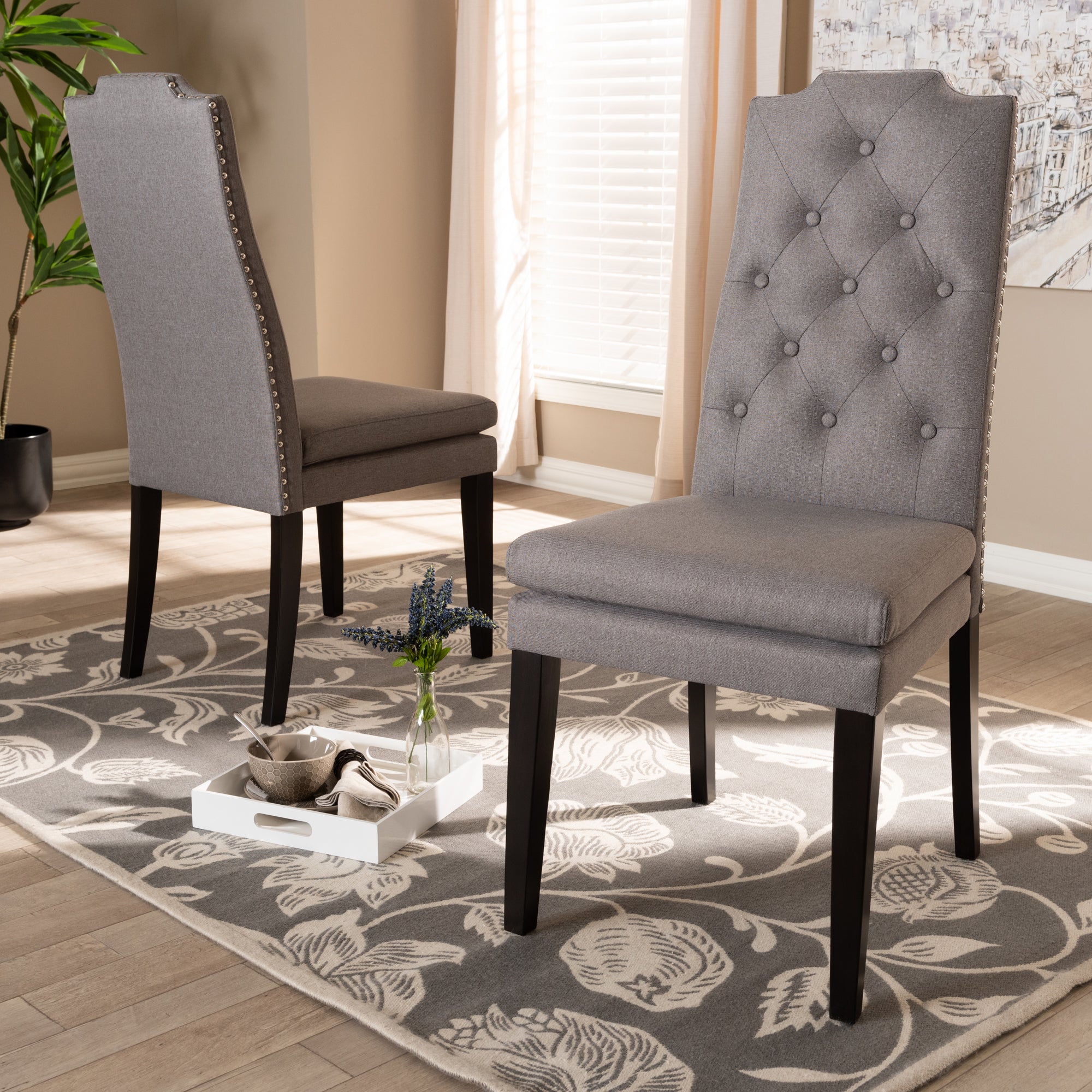 Baxton Studio Dylin Modern and ContemporaryGray Fabric Upholstered Button Tufted Wood Dining Chair Set of 2