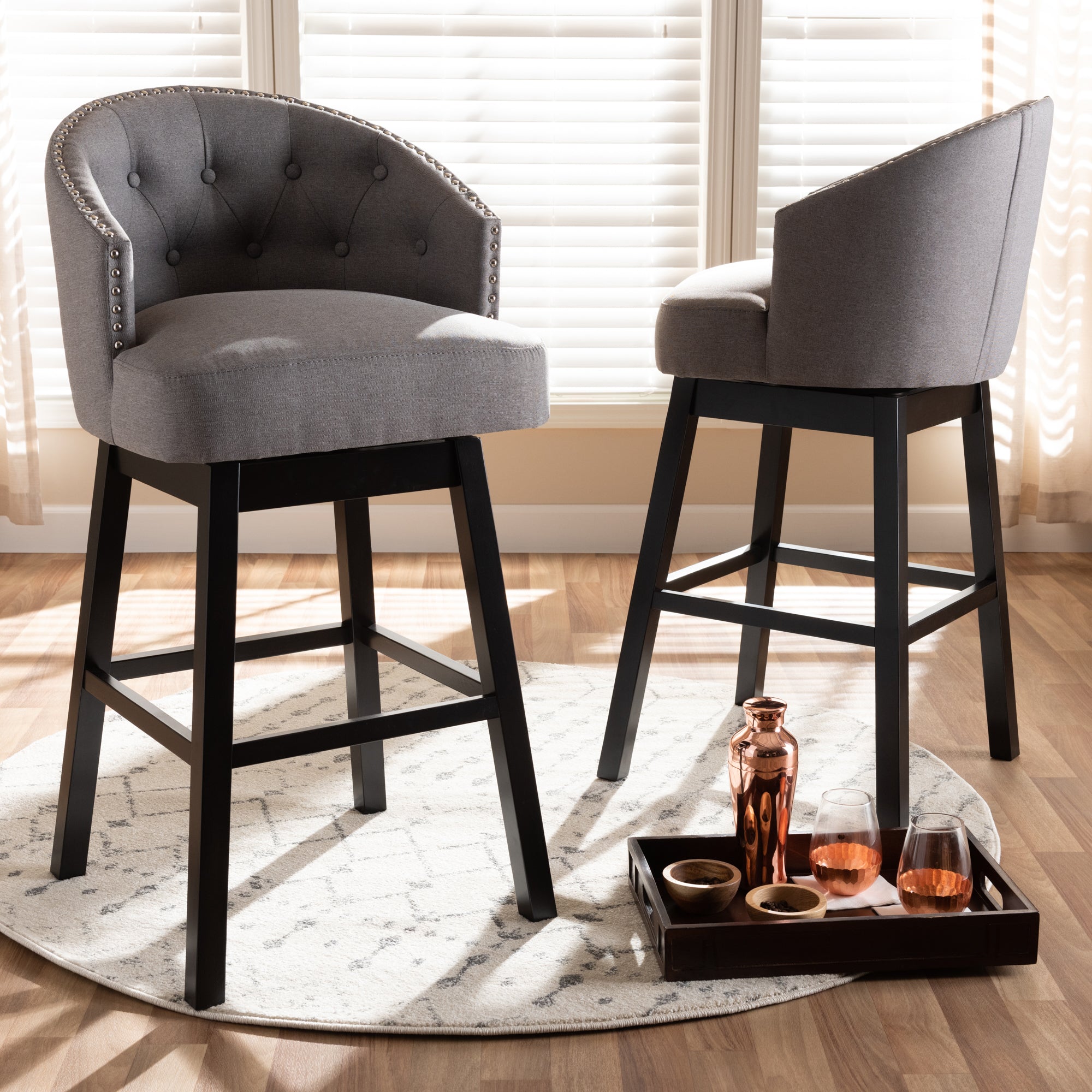 Baxton Studio Theron Transitional Gray Fabric Upholstered Wood Swivel Bar Stool Set of 2