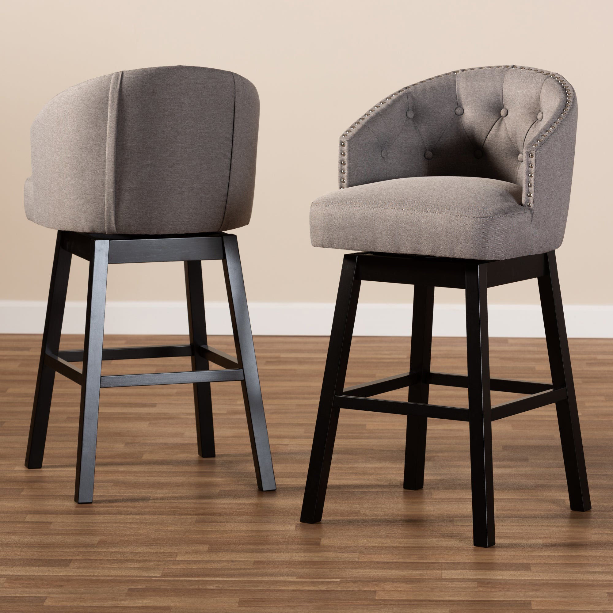 Baxton Studio Theron Transitional Gray Fabric Upholstered Wood Swivel Bar Stool Set of 2