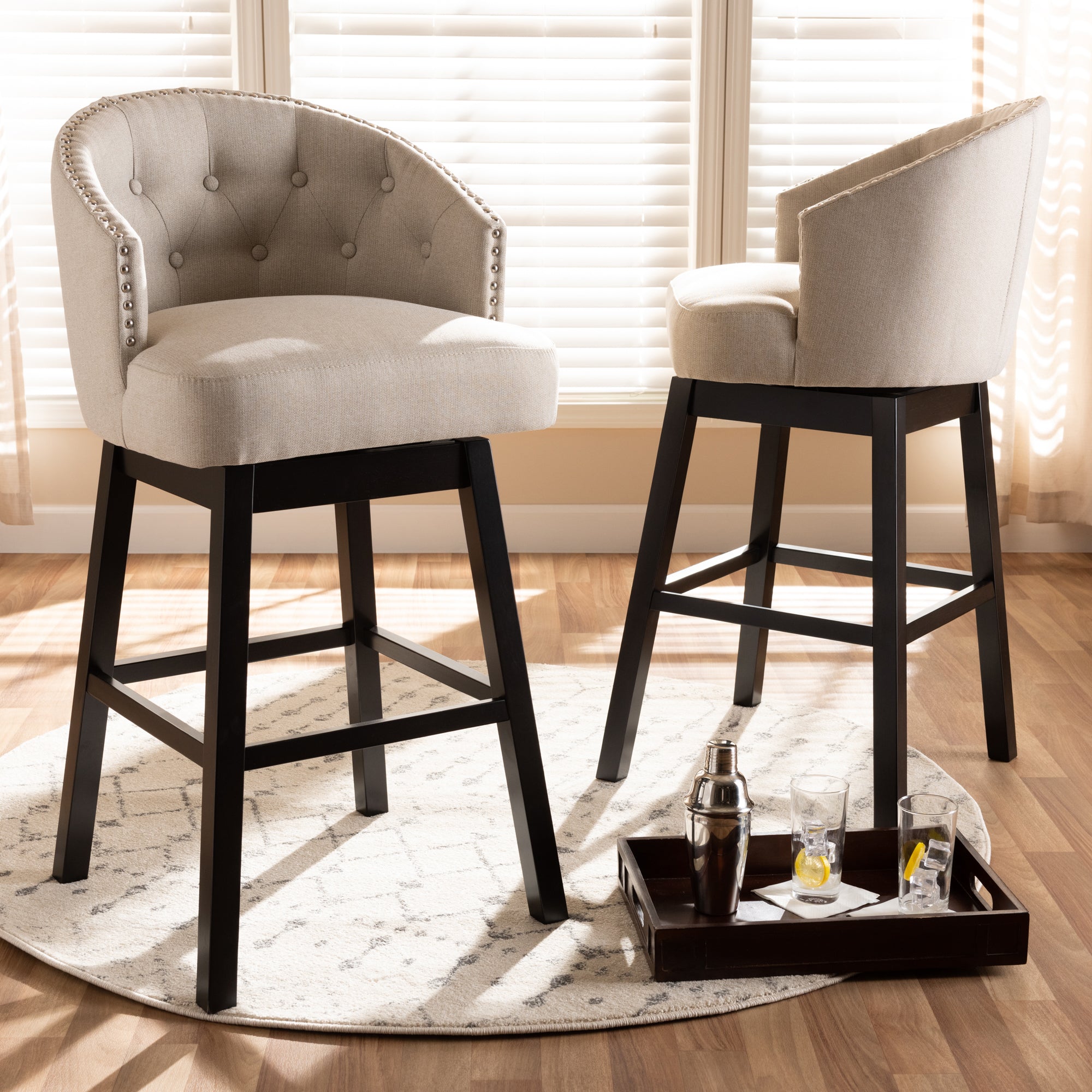 Baxton Studio Theron Transitional Light Beige Fabric Upholstered Wood Swivel Bar Stool Set of 2