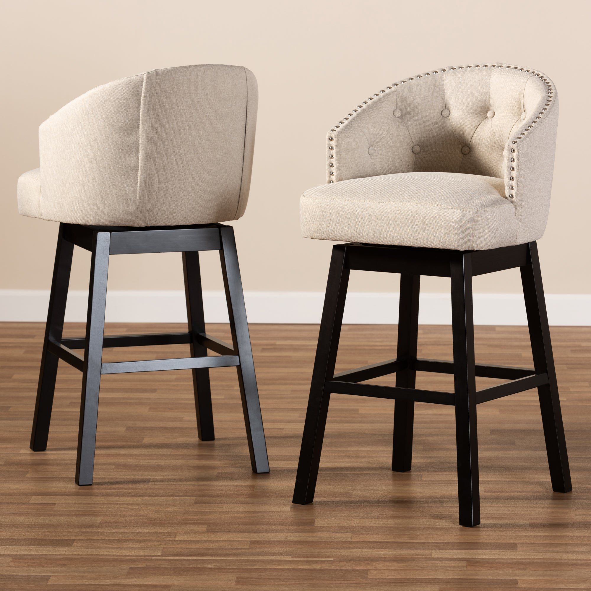 Baxton Studio Theron Transitional Light Beige Fabric Upholstered Wood Swivel Bar Stool Set of 2