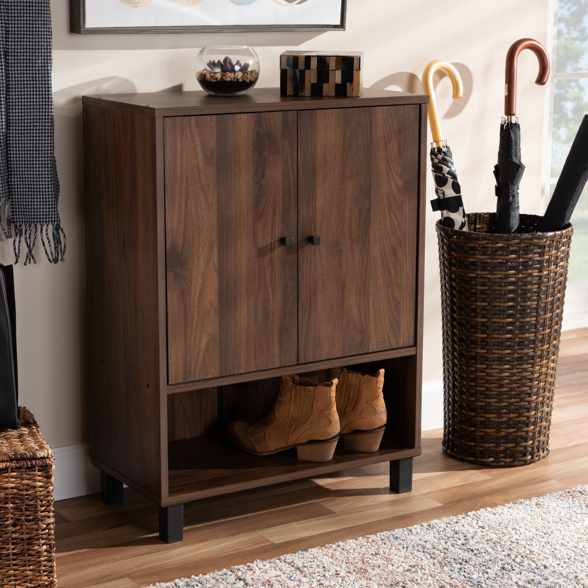Baxton Studio Rossin Modern and Contemporary Walnut Brown Finished 2-Door Wood Entryway Shoe Storage Cabinet