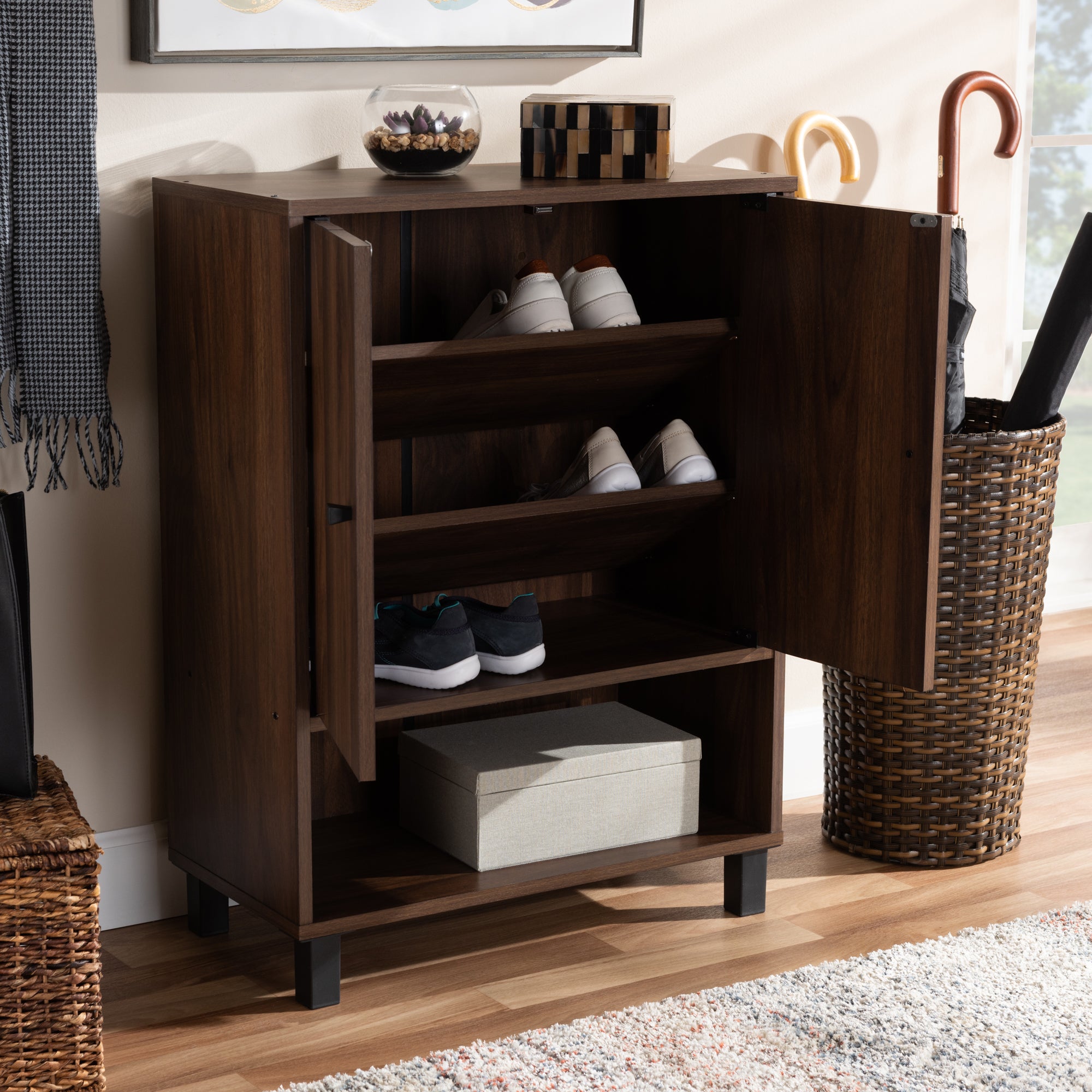 Baxton Studio Rossin Modern and Contemporary Walnut Brown Finished 2-Door Wood Entryway Shoe Storage Cabinet