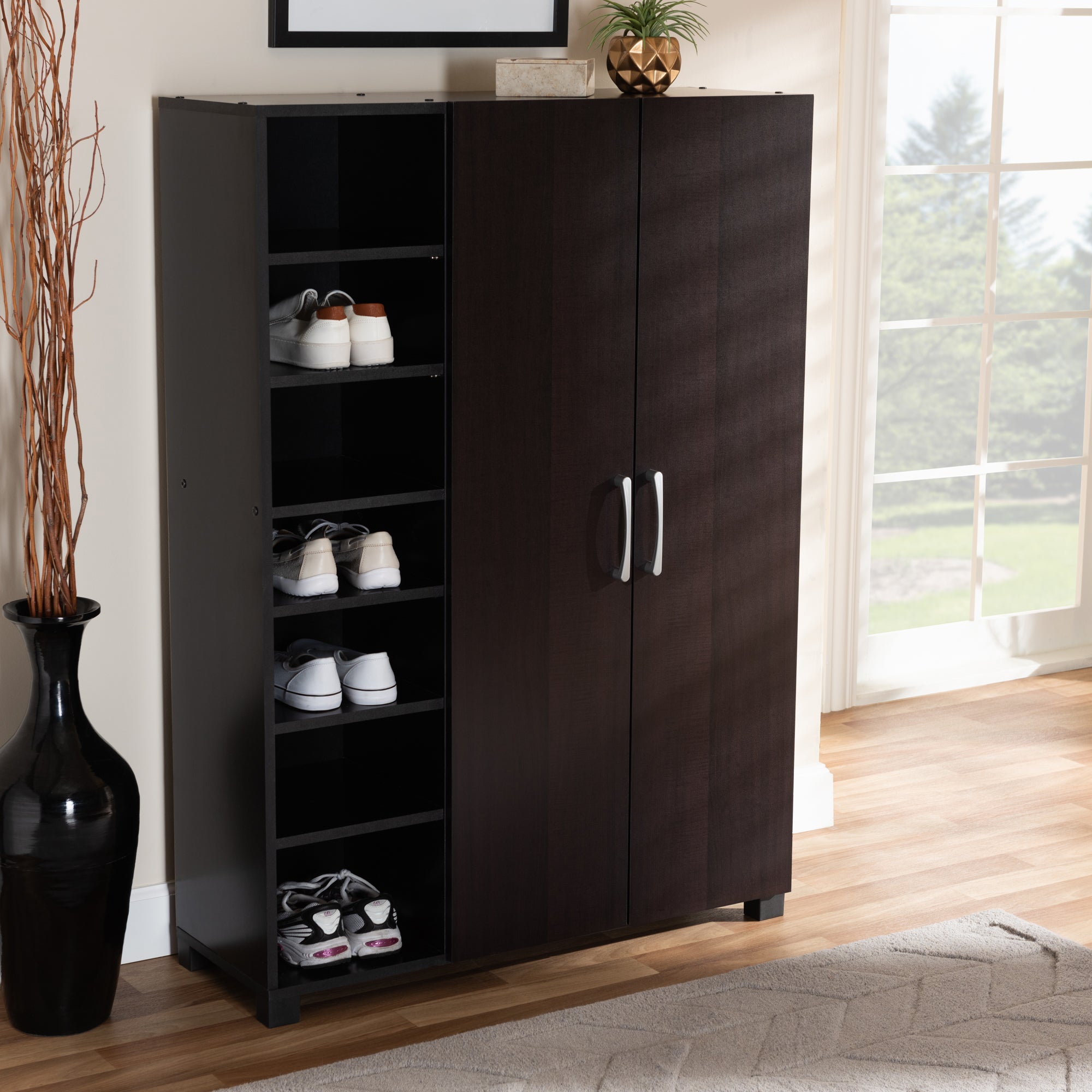 Baxton Studio Marine Modern and Contemporary Two-Tone Wenge and Black Finished 2-Door Wood Entryway Shoe Storage Cabinet with Open Shelves