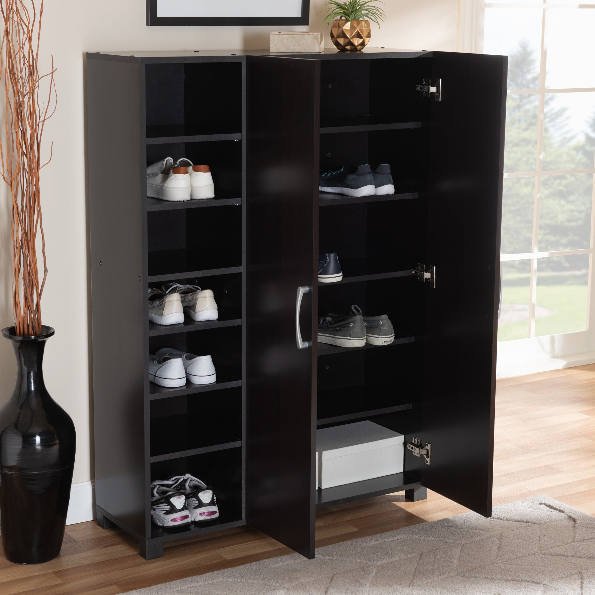 Baxton Studio Marine Modern and Contemporary Two-Tone Wenge and Black Finished 2-Door Wood Entryway Shoe Storage Cabinet with Open Shelves