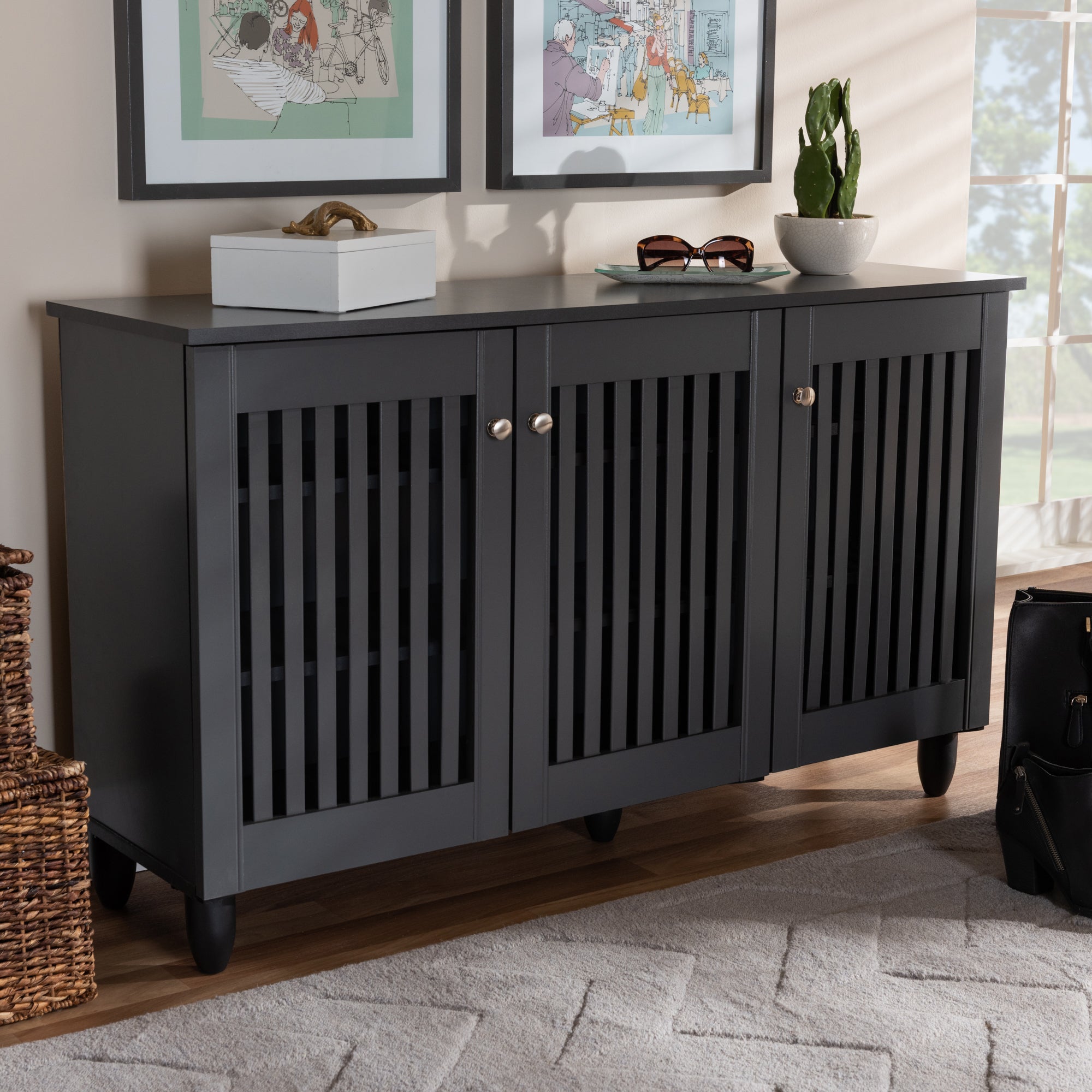 Baxton Studio Fernanda Modern and Contemporary Dark Gray 3-Door Wooden Entryway Shoe Storage Wide Cabinet