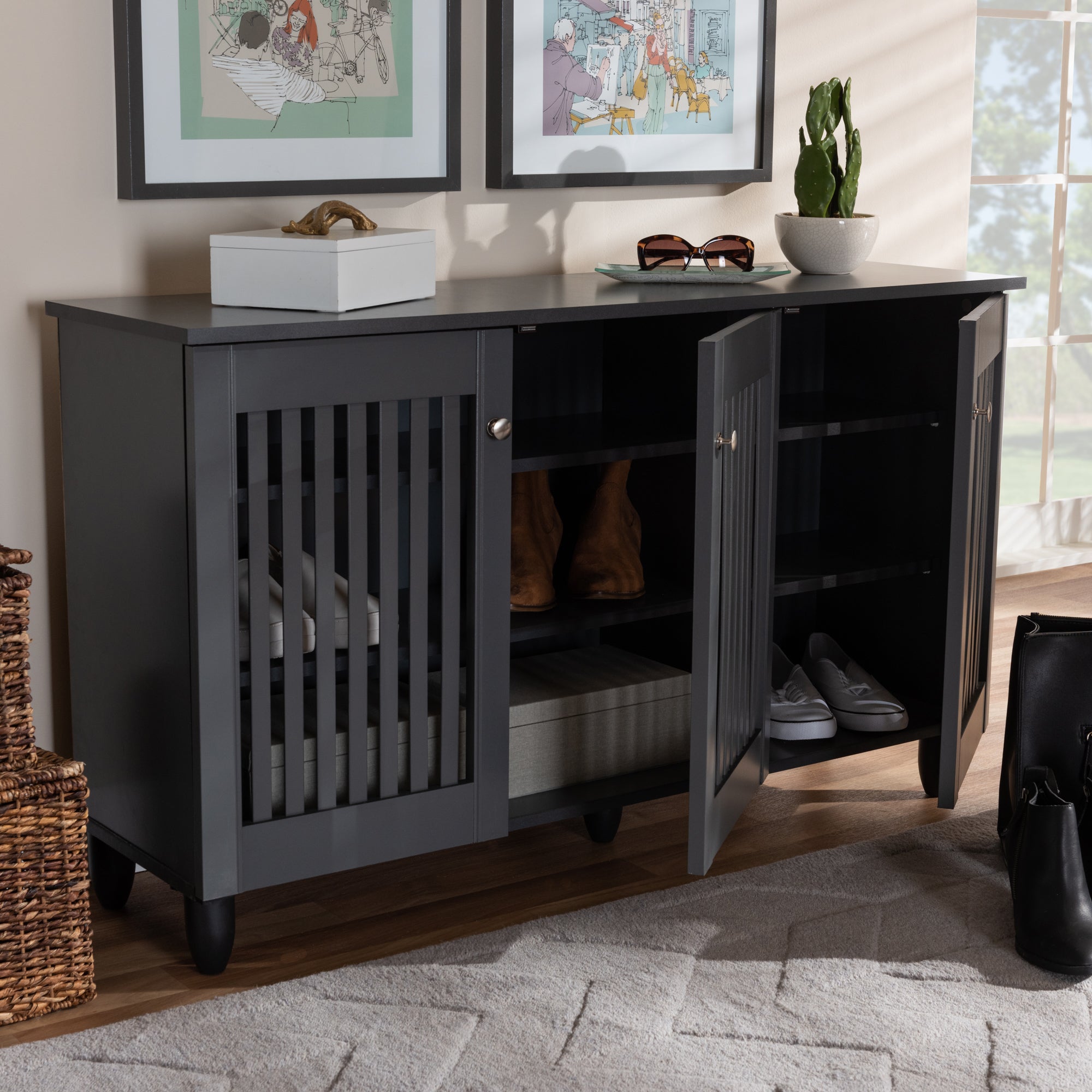 Baxton Studio Fernanda Modern and Contemporary Dark Gray 3-Door Wooden Entryway Shoe Storage Wide Cabinet