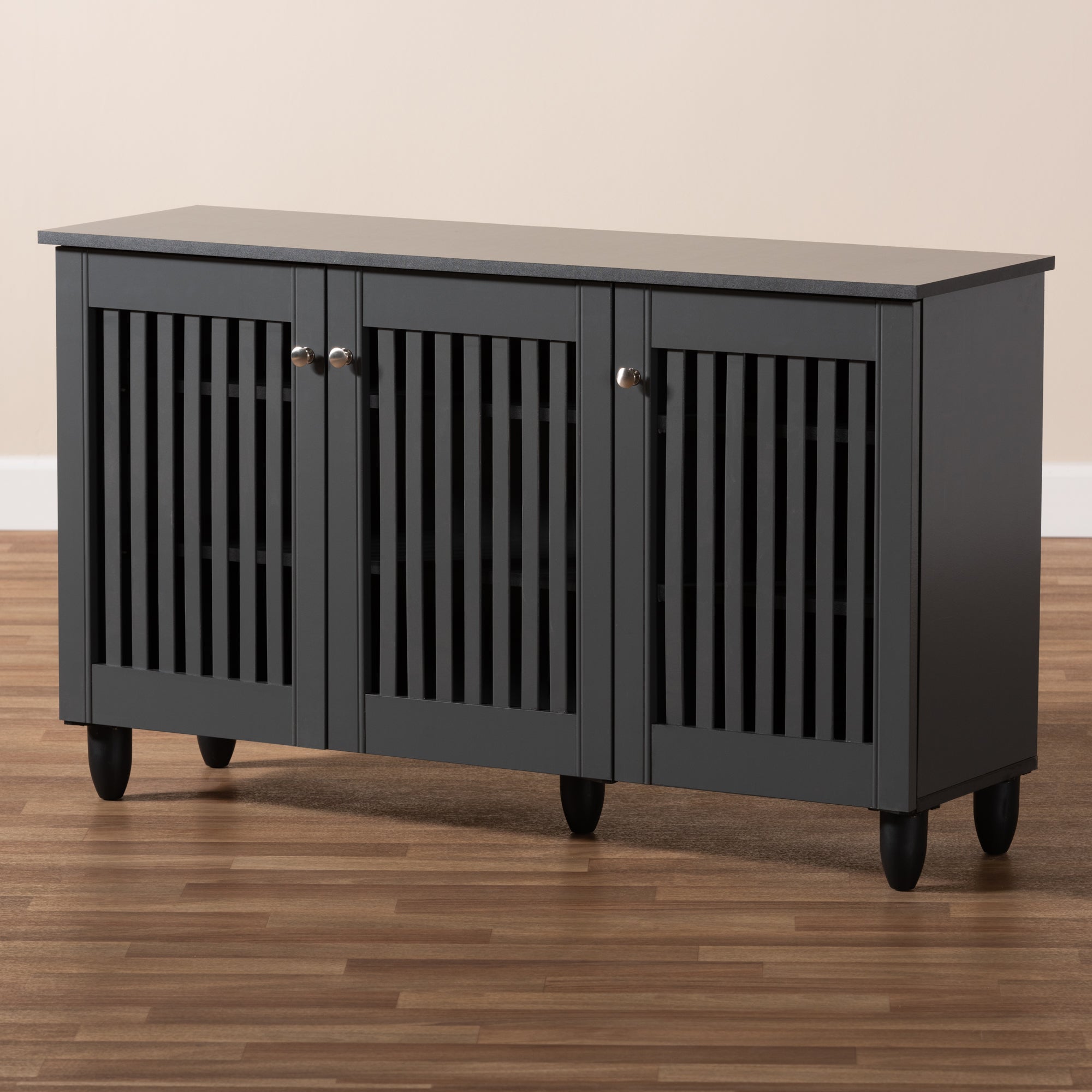 Baxton Studio Fernanda Modern and Contemporary Dark Gray 3-Door Wooden Entryway Shoe Storage Wide Cabinet