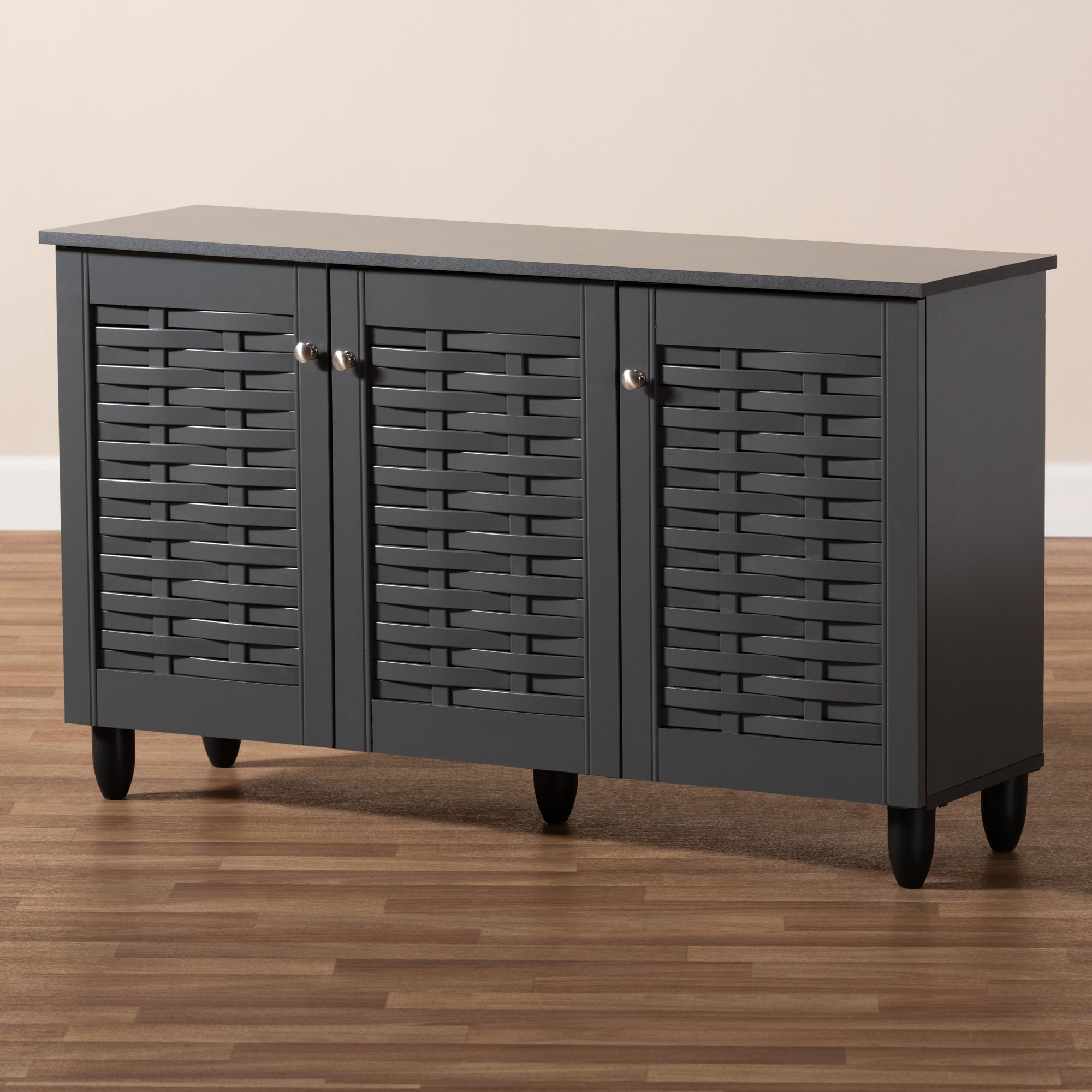 Baxton Studio Winda Modern and Contemporary Dark Gray 3-Door Wooden Entryway Shoe Storage Cabinet