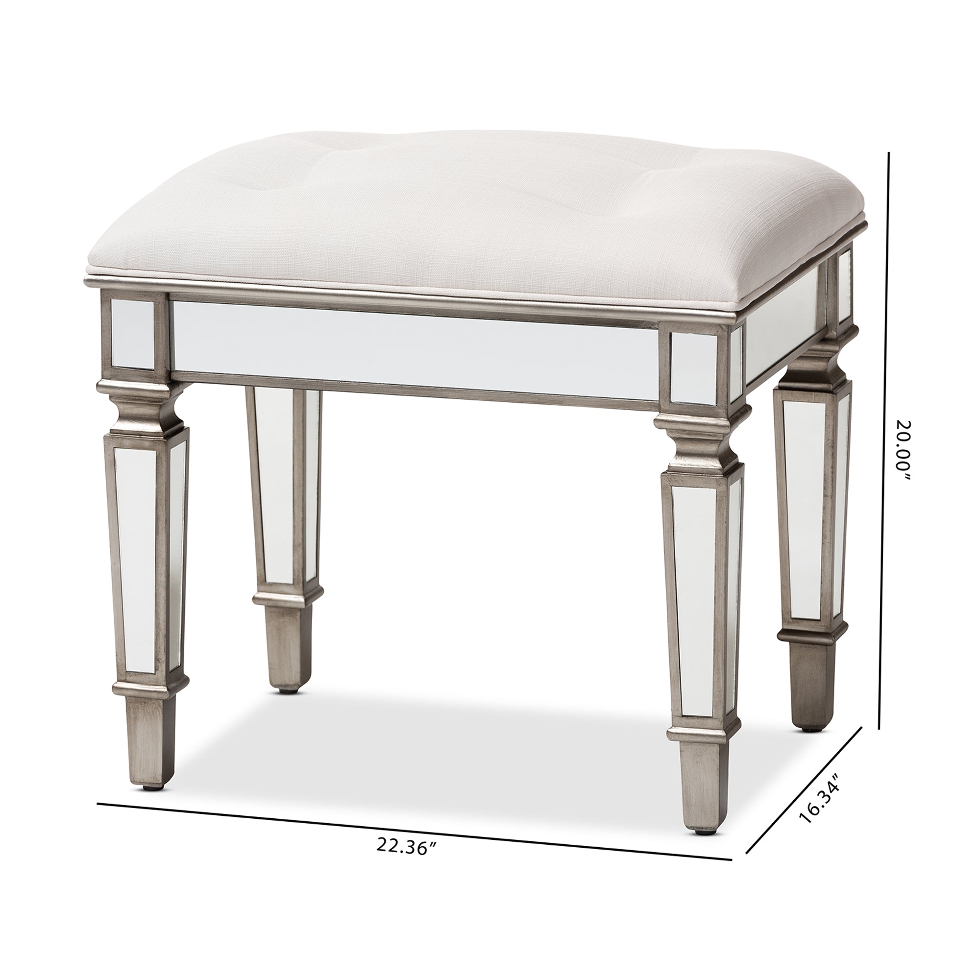 Baxton Studio Marielle Hollywood Regency Glamour Style Off White Fabric Upholstered Mirrored Ottoman Vanity Bench