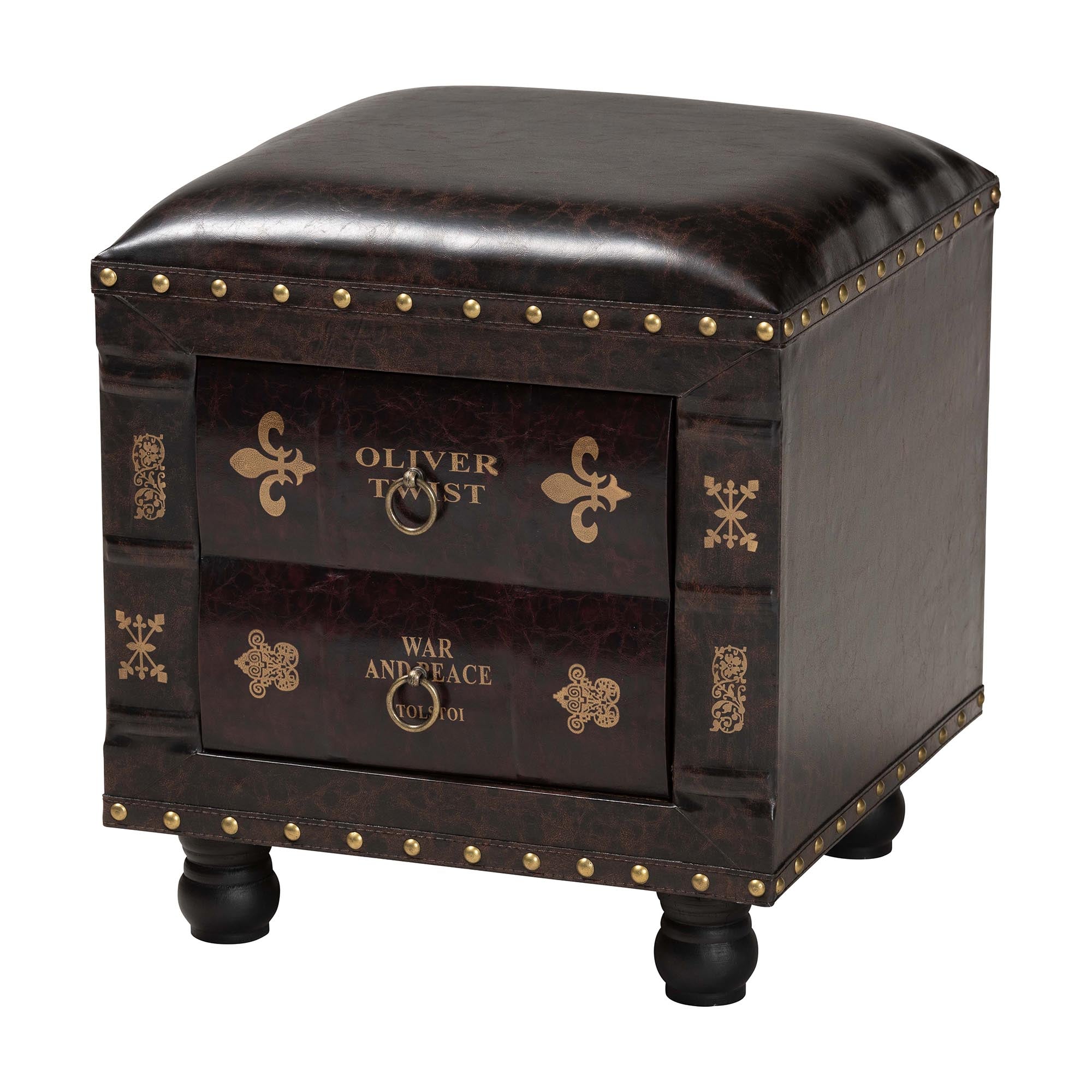 Baxton Studio Charlier Rustic Antique Inspired Dark Brown Faux Leather Upholstered Wood Storage Ottoman with Book Spine Drawer
